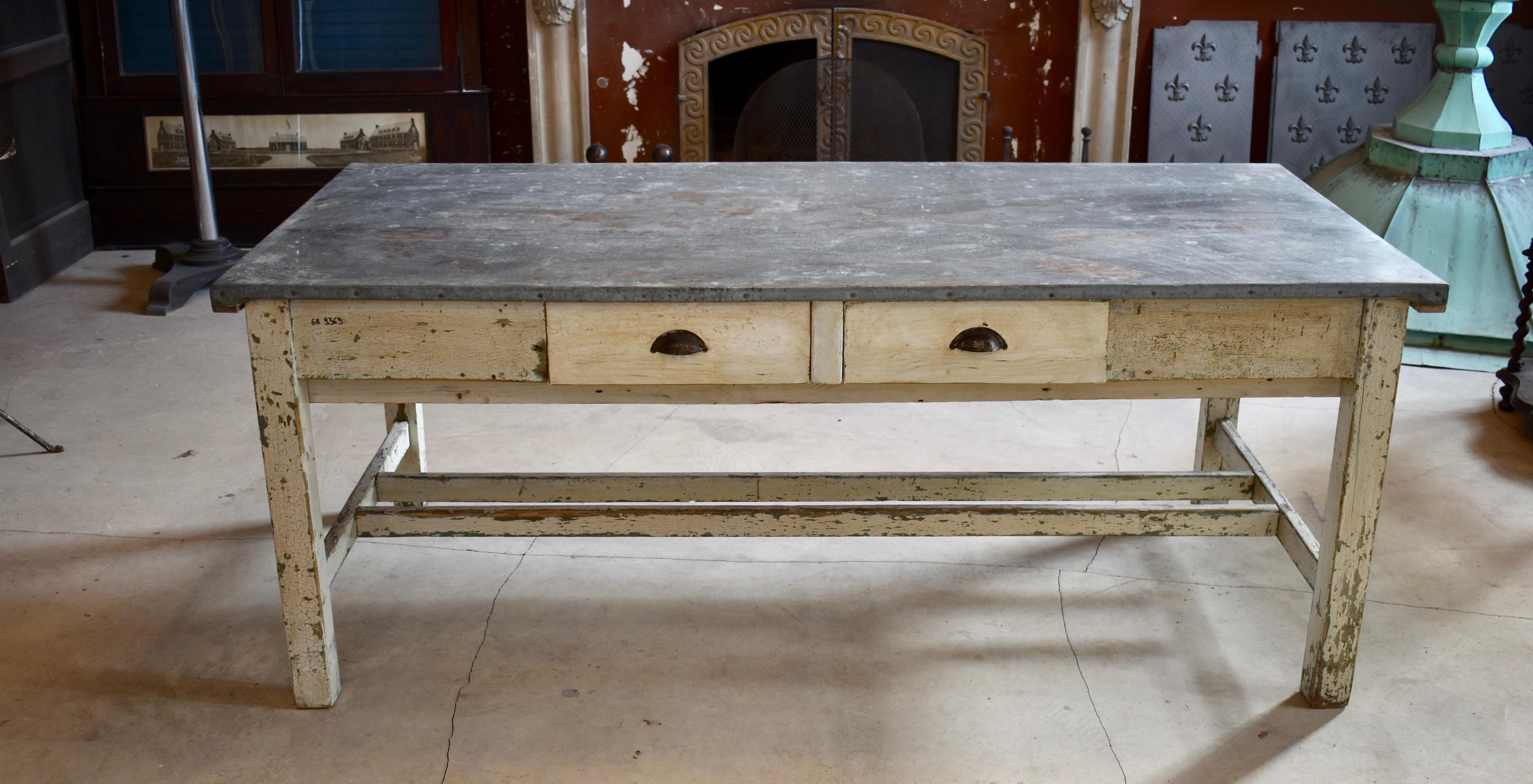 Vintage ZincTop StretcherBase Work Table at 1stDibs