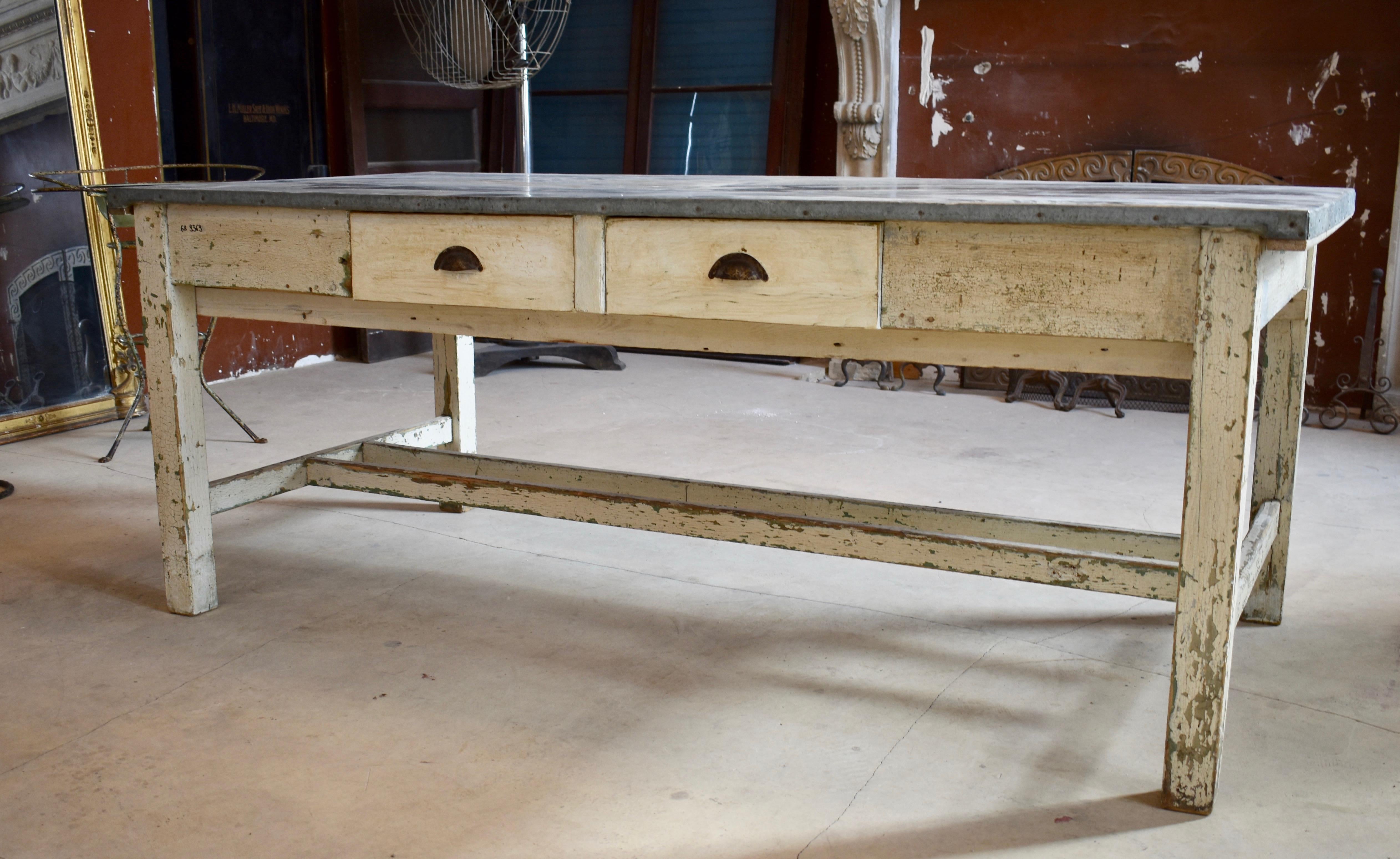 Vintage ZincTop StretcherBase Work Table at 1stDibs