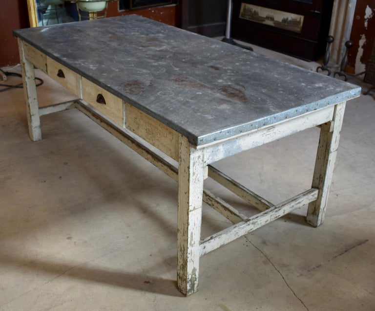 Vintage ZincTop StretcherBase Work Table at 1stDibs