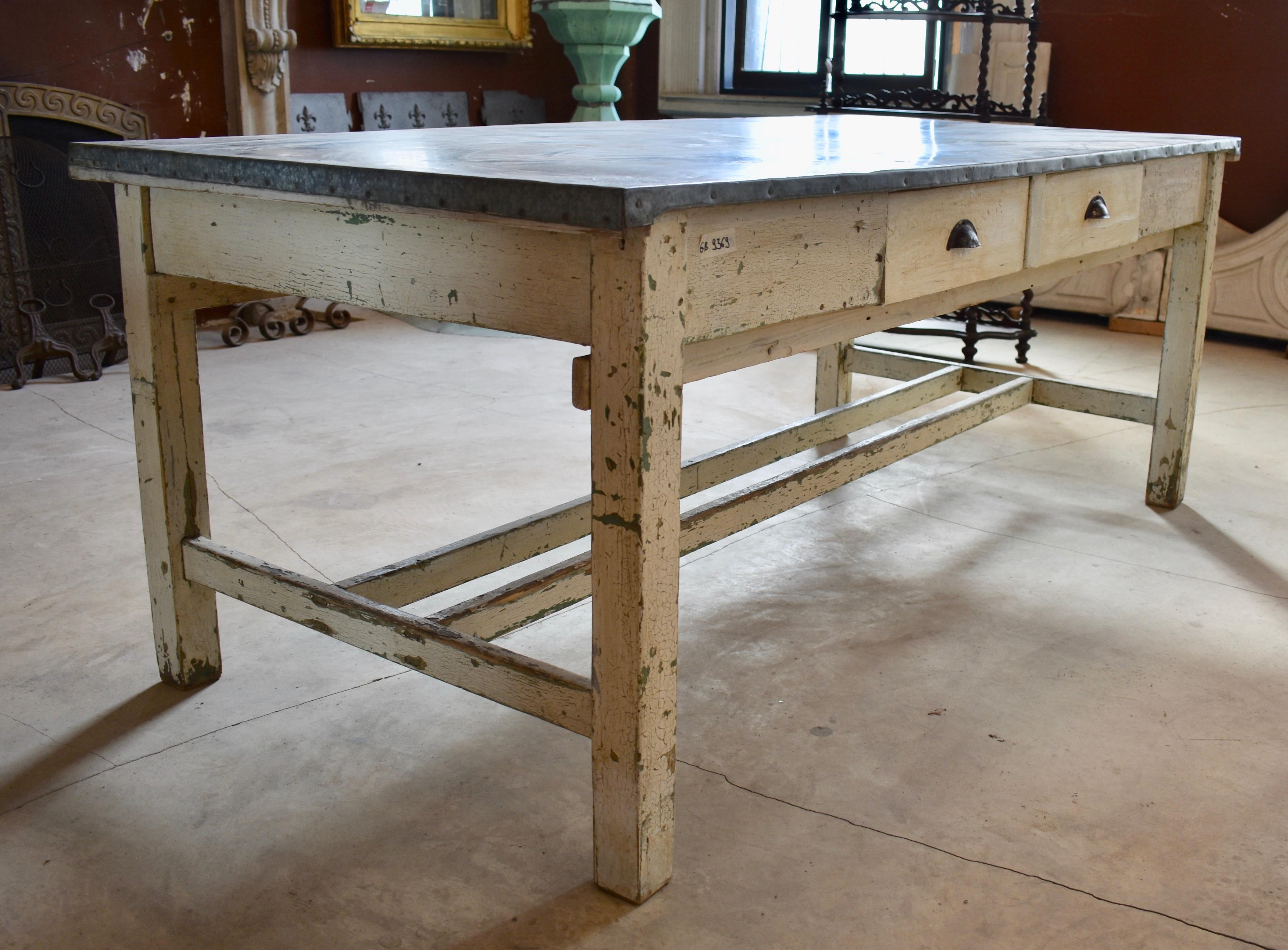 Vintage ZincTop StretcherBase Work Table at 1stDibs