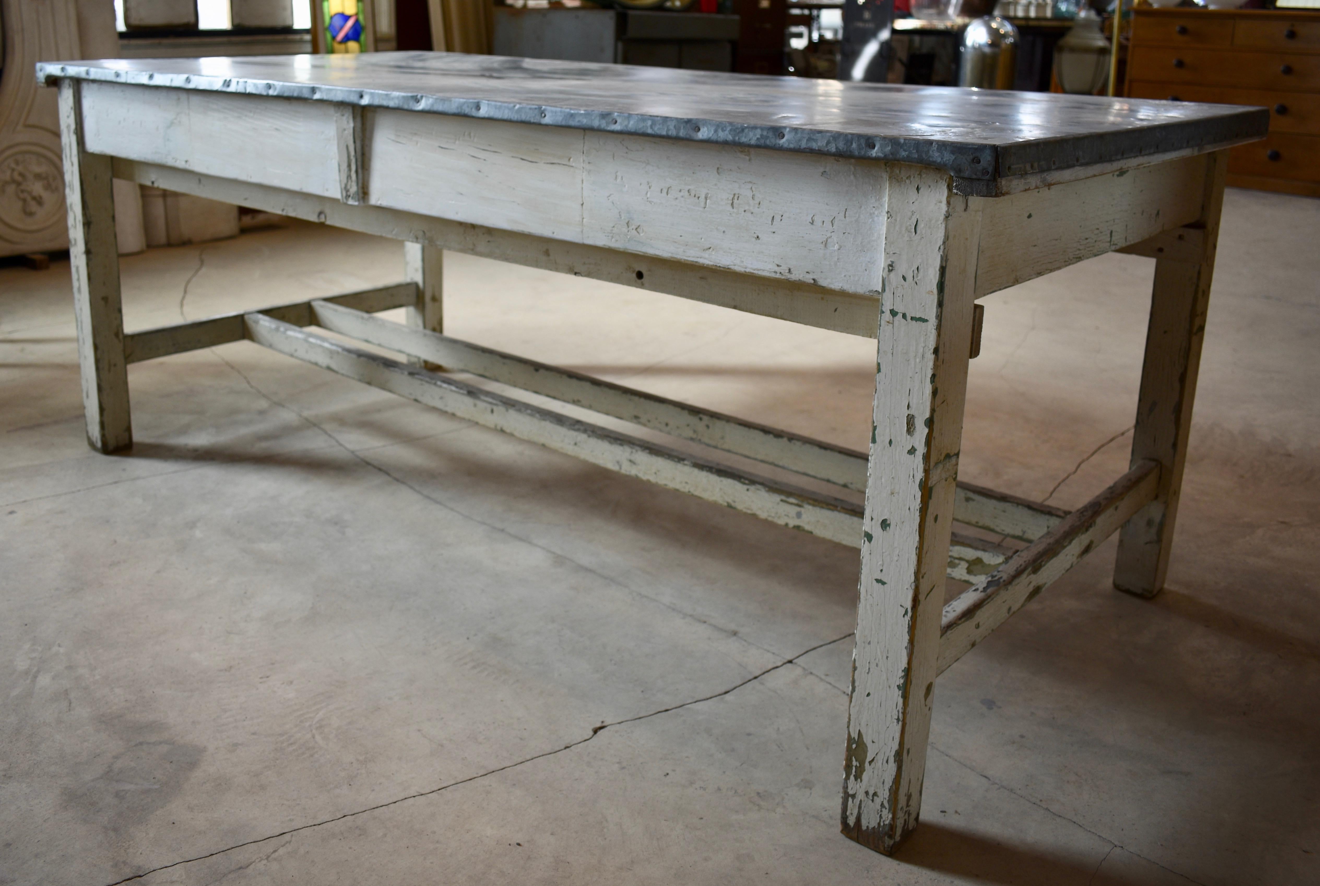 Vintage ZincTop StretcherBase Work Table at 1stDibs