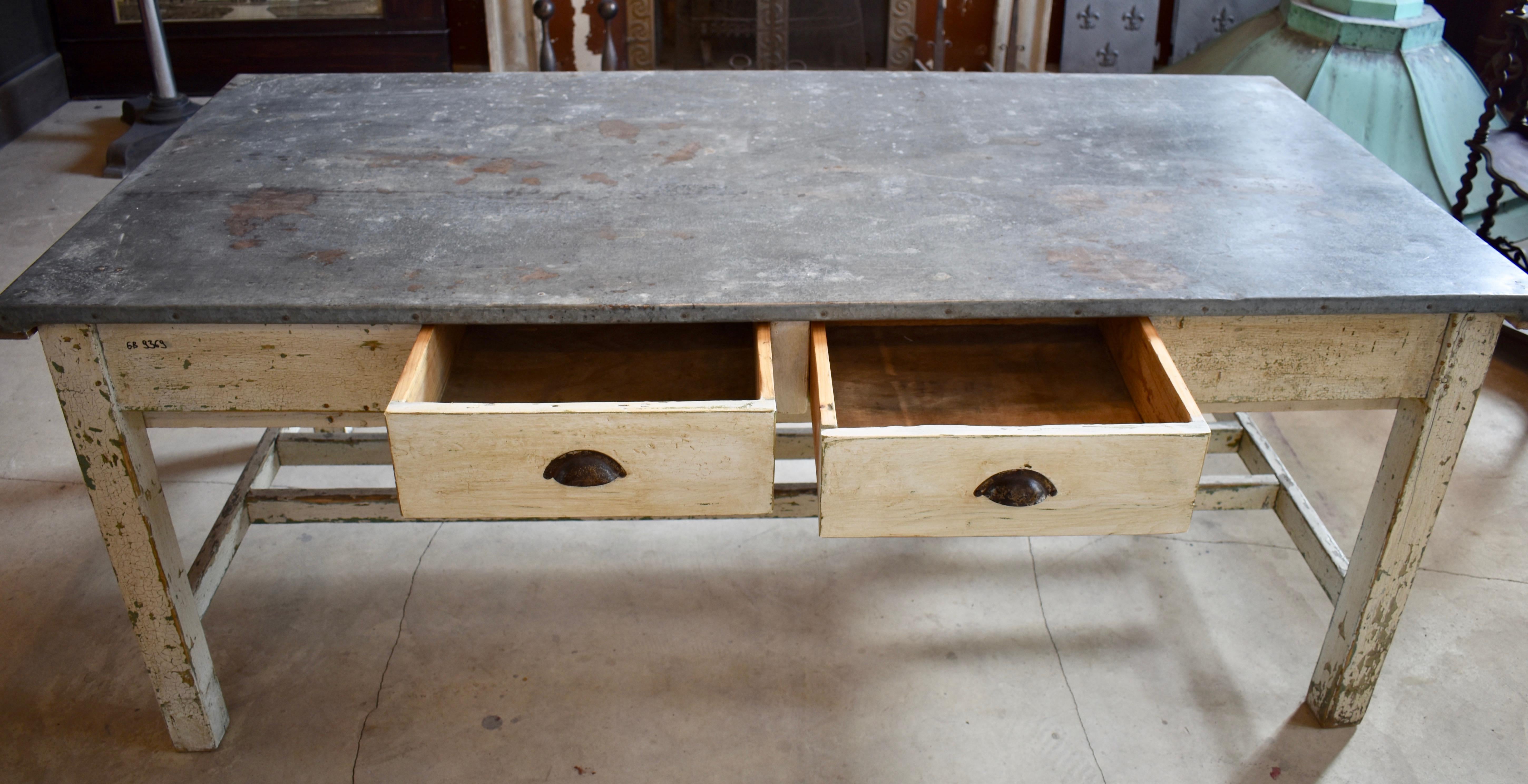 Vintage ZincTop StretcherBase Work Table at 1stDibs