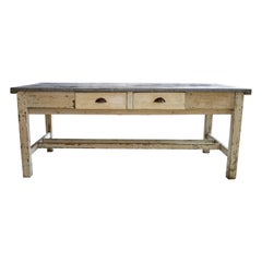 Vintage Zinc-Top Stretcher-Base Work Table