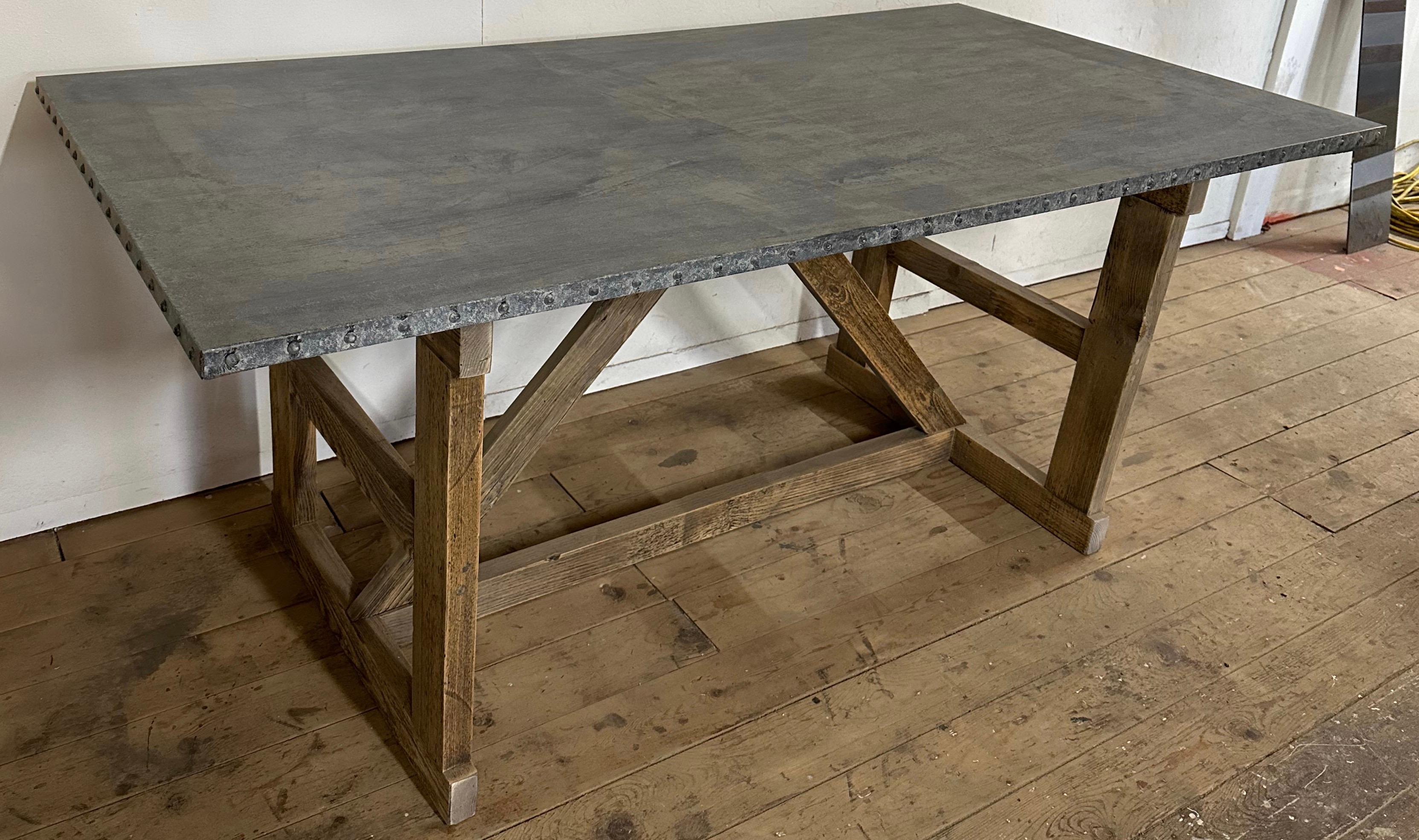 Vintage Zinc Top Trestle Base Farm Table For Sale 5