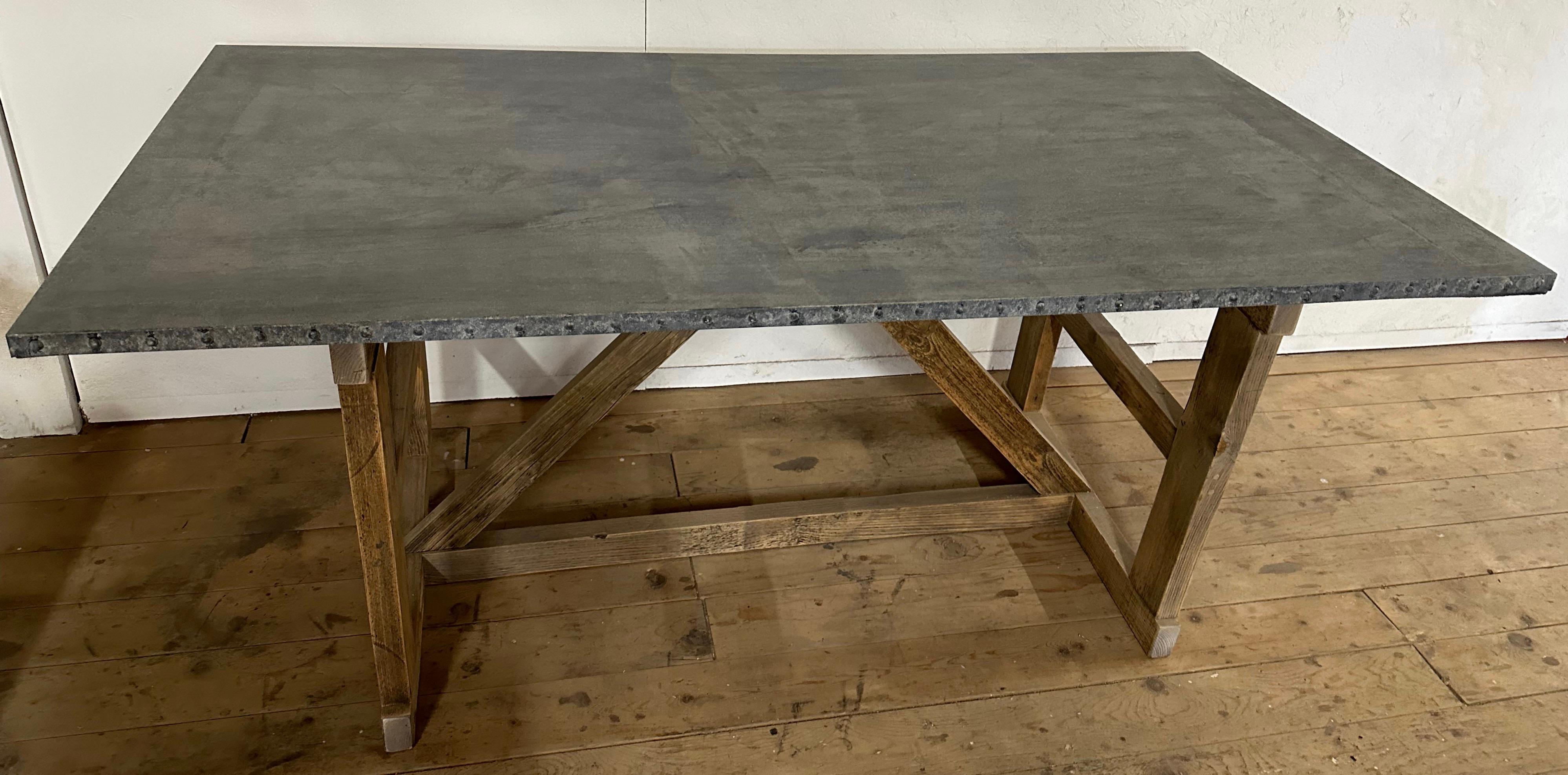 Vintage Zinc Top Trestle Base Farm Table In Good Condition For Sale In Sheffield, MA