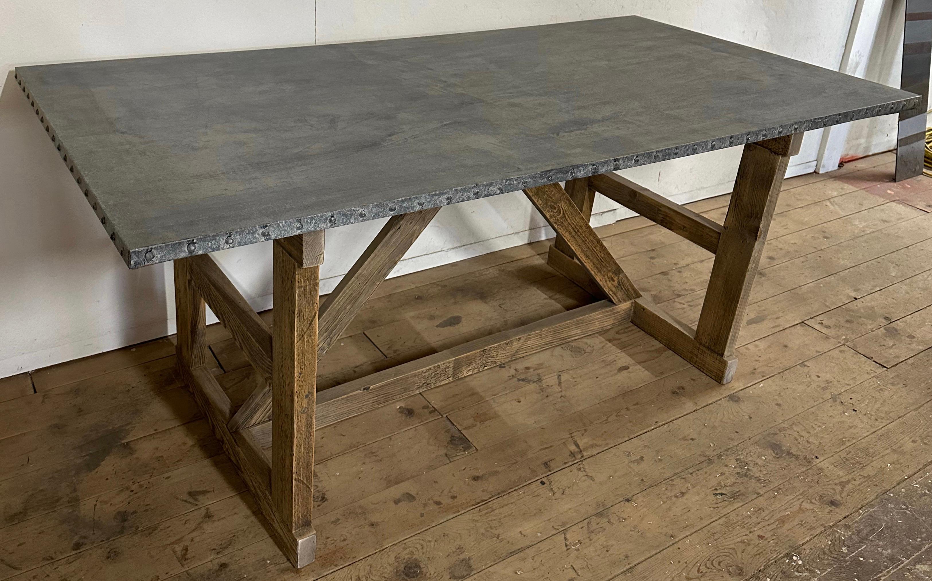 Vintage Zinc Top Trestle Base Farm Table For Sale 3