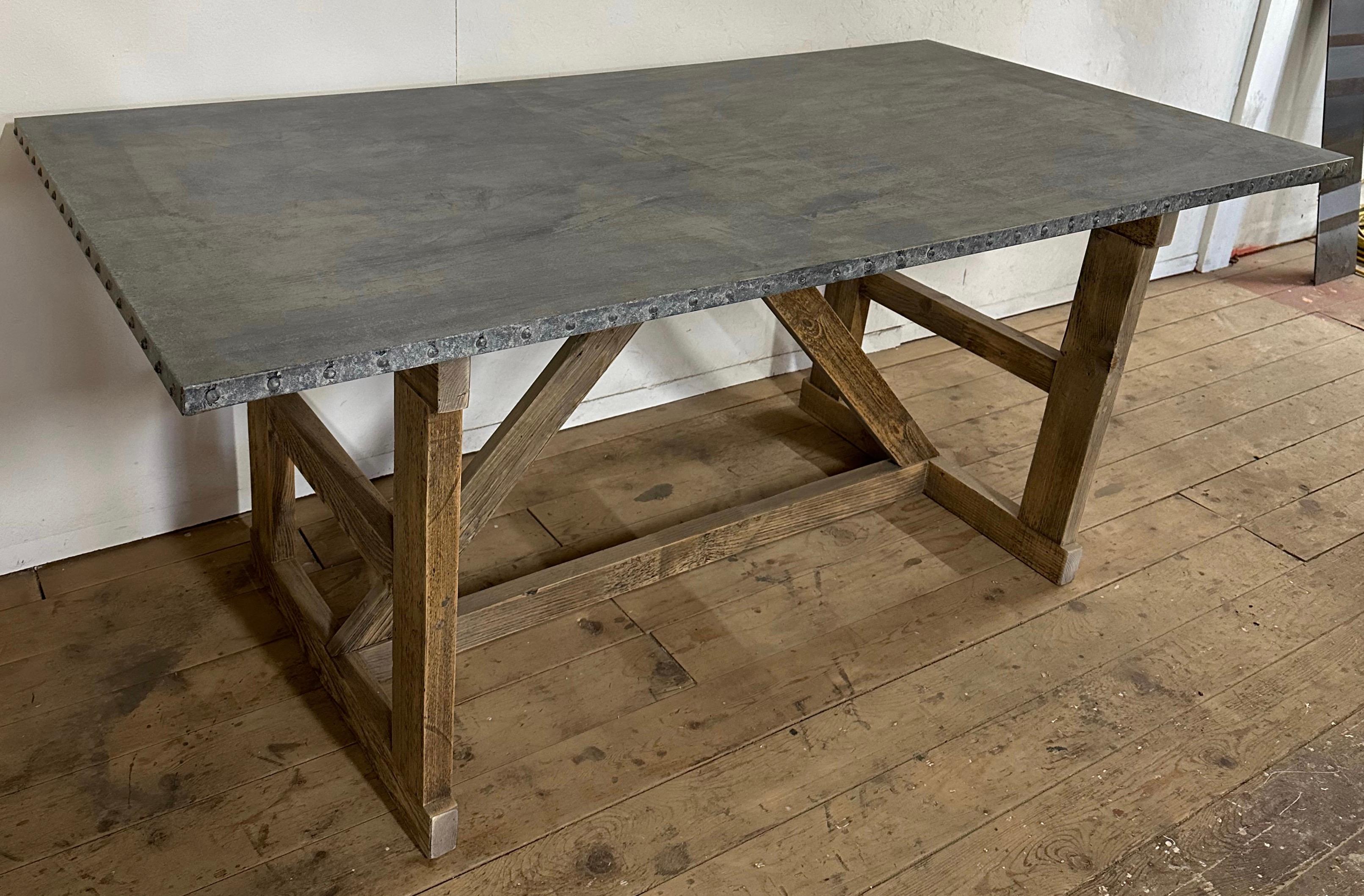 Vintage Zinc Top Trestle Base Farm Table For Sale 4