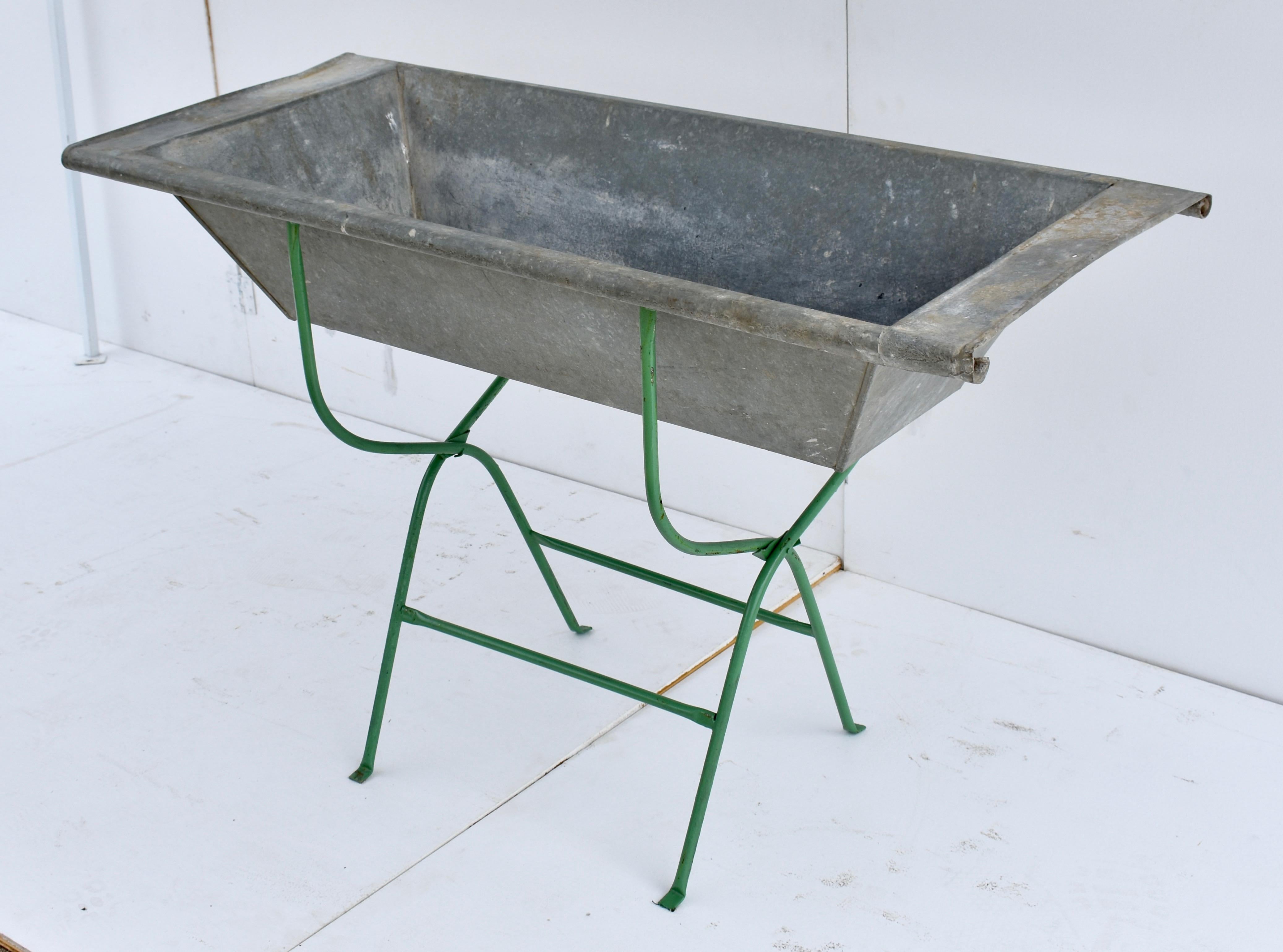 Hungarian Vintage Zinc Trough on Folding Wrought Iron Stand