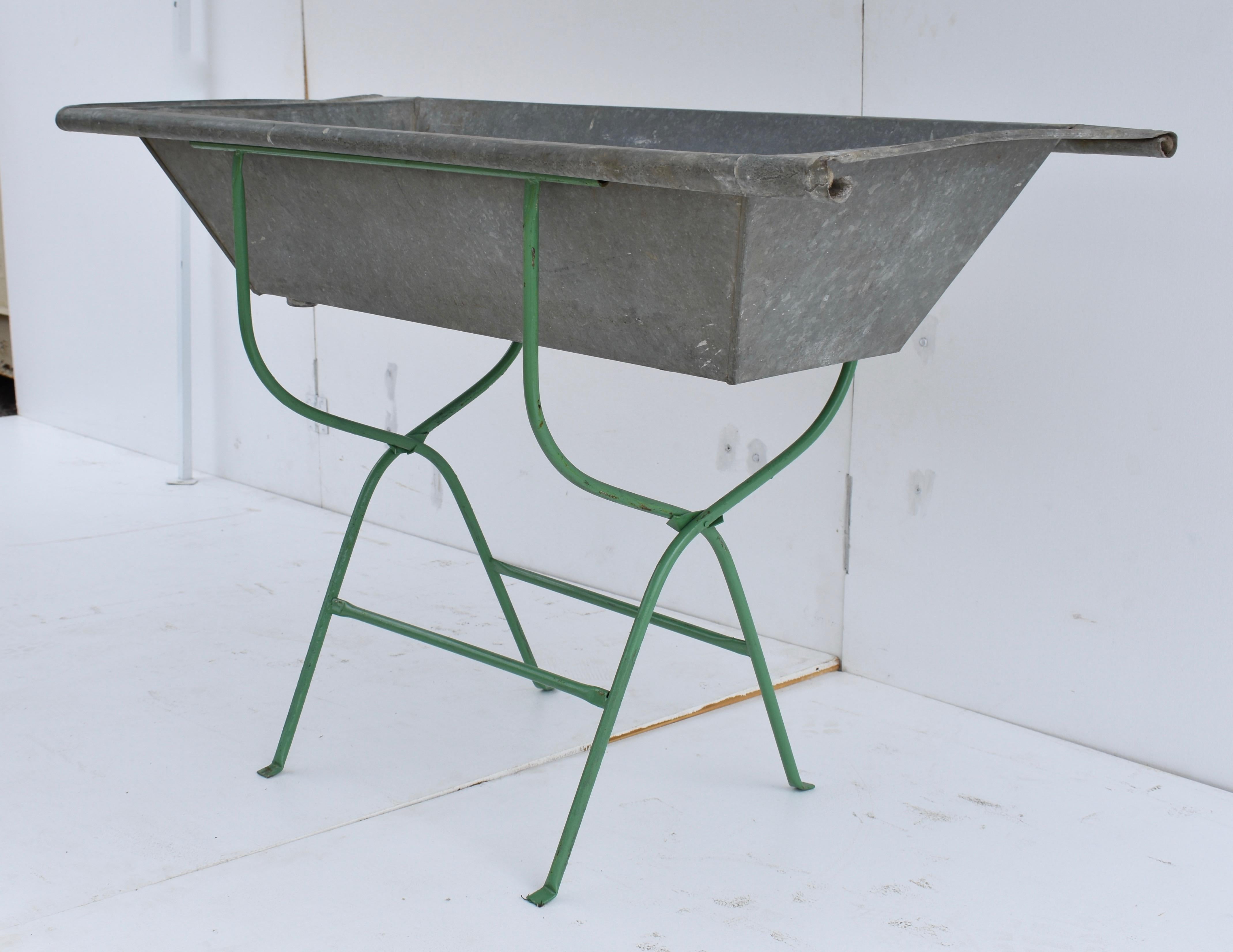 Vintage Zinc Trough on Folding Wrought Iron Stand In Good Condition In Baltimore, MD
