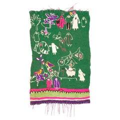 Tapis berbère marocain vintage Zindhek représentant une scène de village