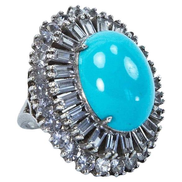 Vintage Zircon and Faux Turquoise Dujay Sterling Silver Cocktail Ring For Sale