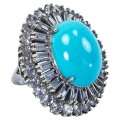 Retro Zircon and Faux Turquoise Dujay Sterling Silver Cocktail Ring