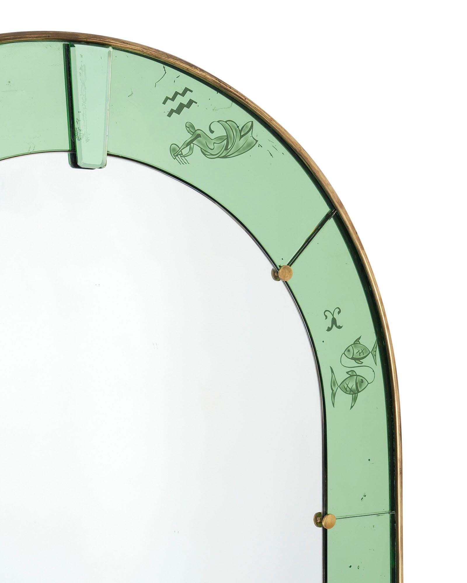 Modern Vintage Zodiac Arched Green Mirror by Luigi Brussoti