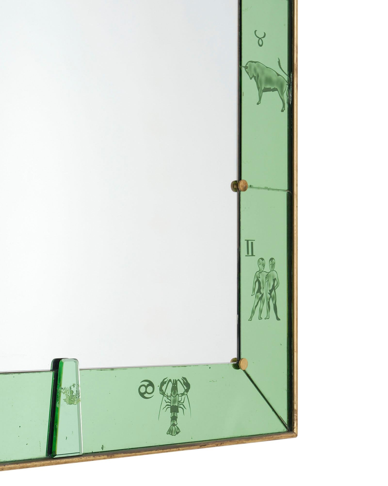 Italian Vintage Zodiac Arched Green Mirror by Luigi Brussoti