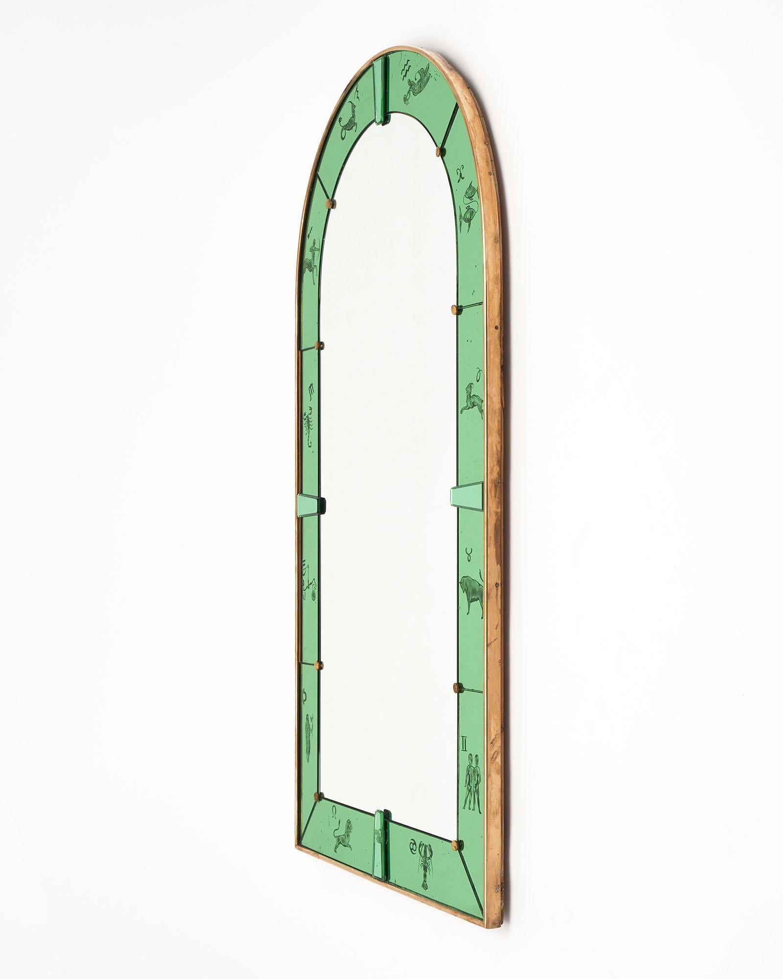 Mid-20th Century Vintage Zodiac Arched Green Mirror by Luigi Brussoti
