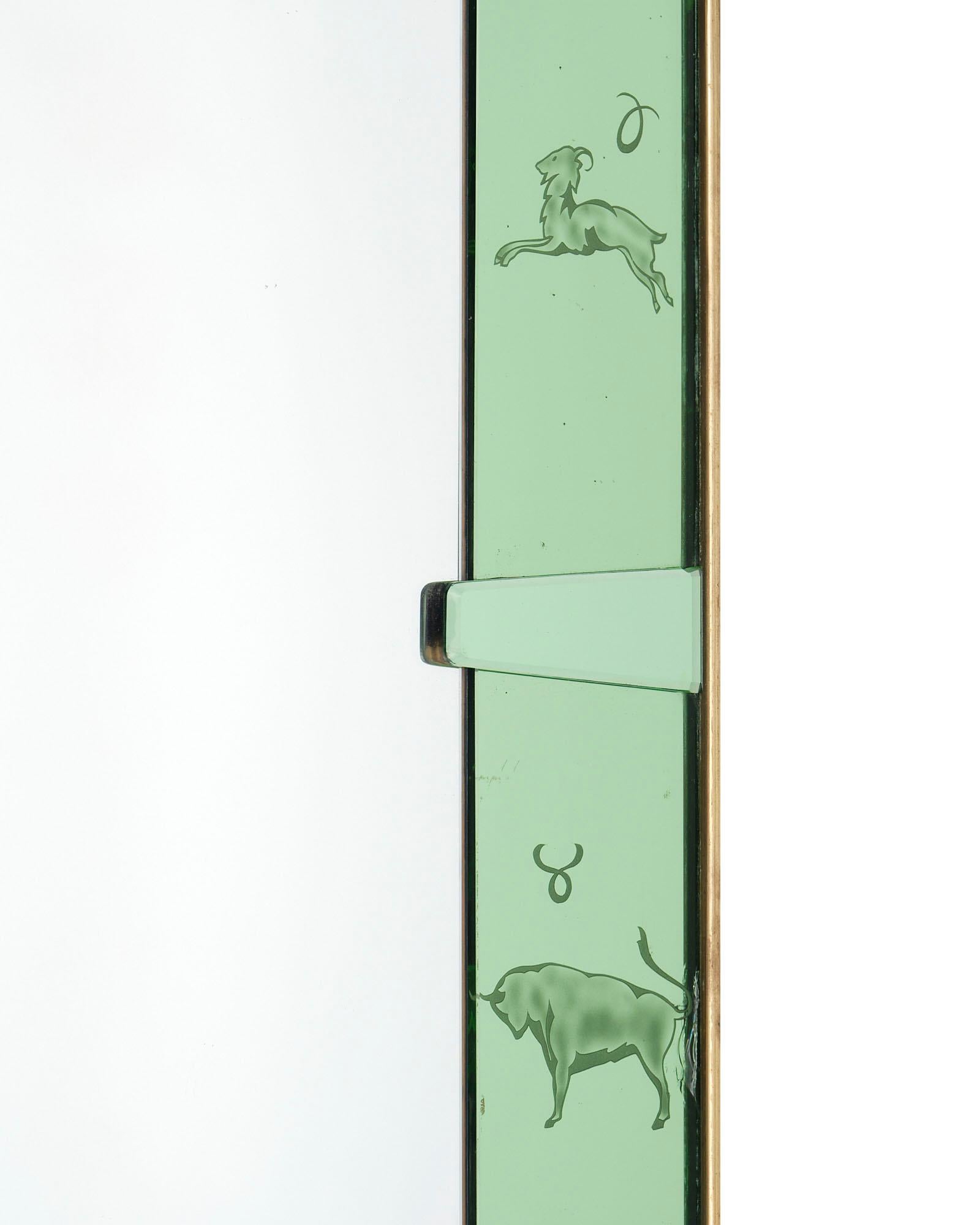 Vintage Zodiac Arched Green Mirror by Luigi Brussoti In Good Condition In Austin, TX