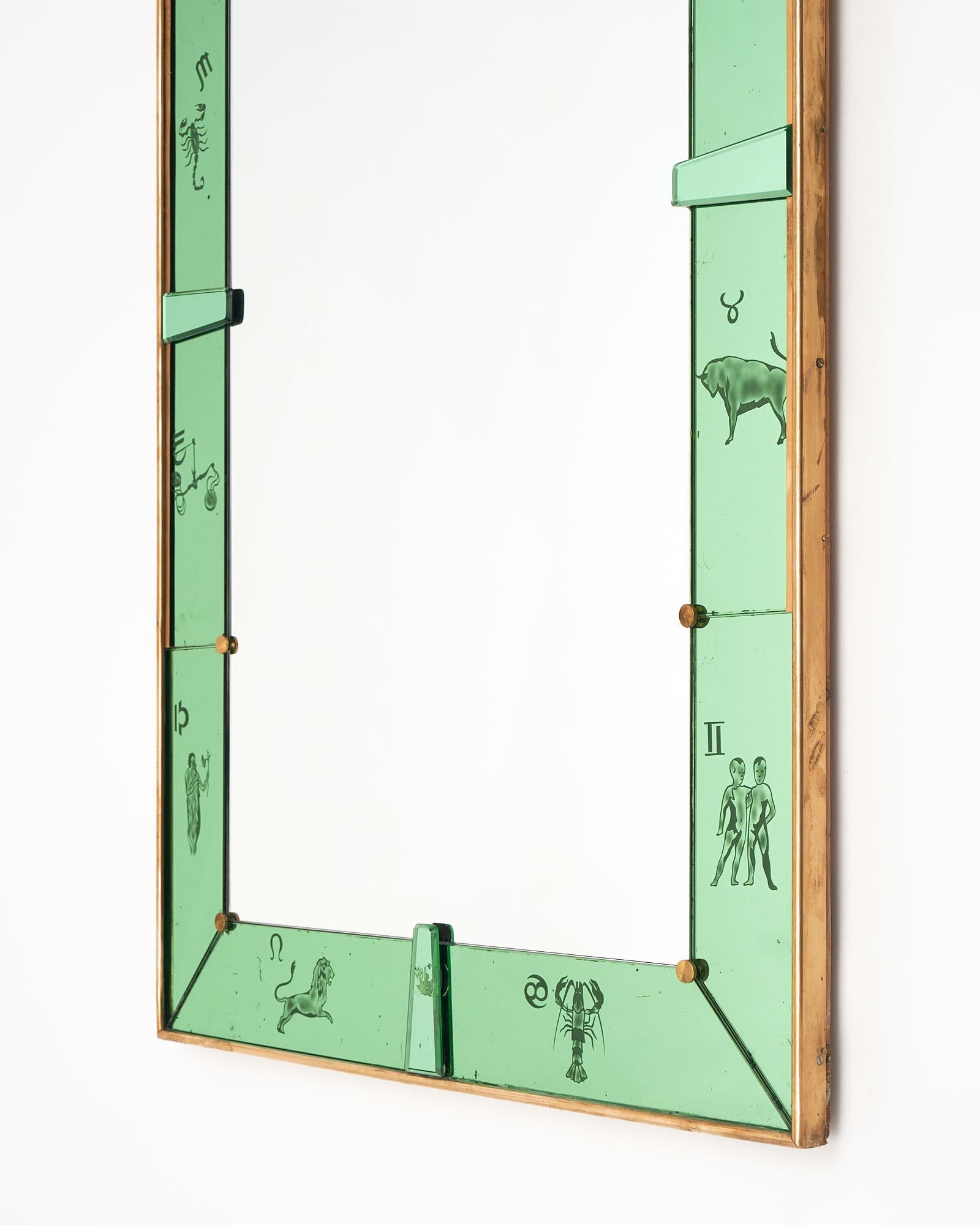 Glass Vintage Zodiac Arched Green Mirror by Luigi Brussoti
