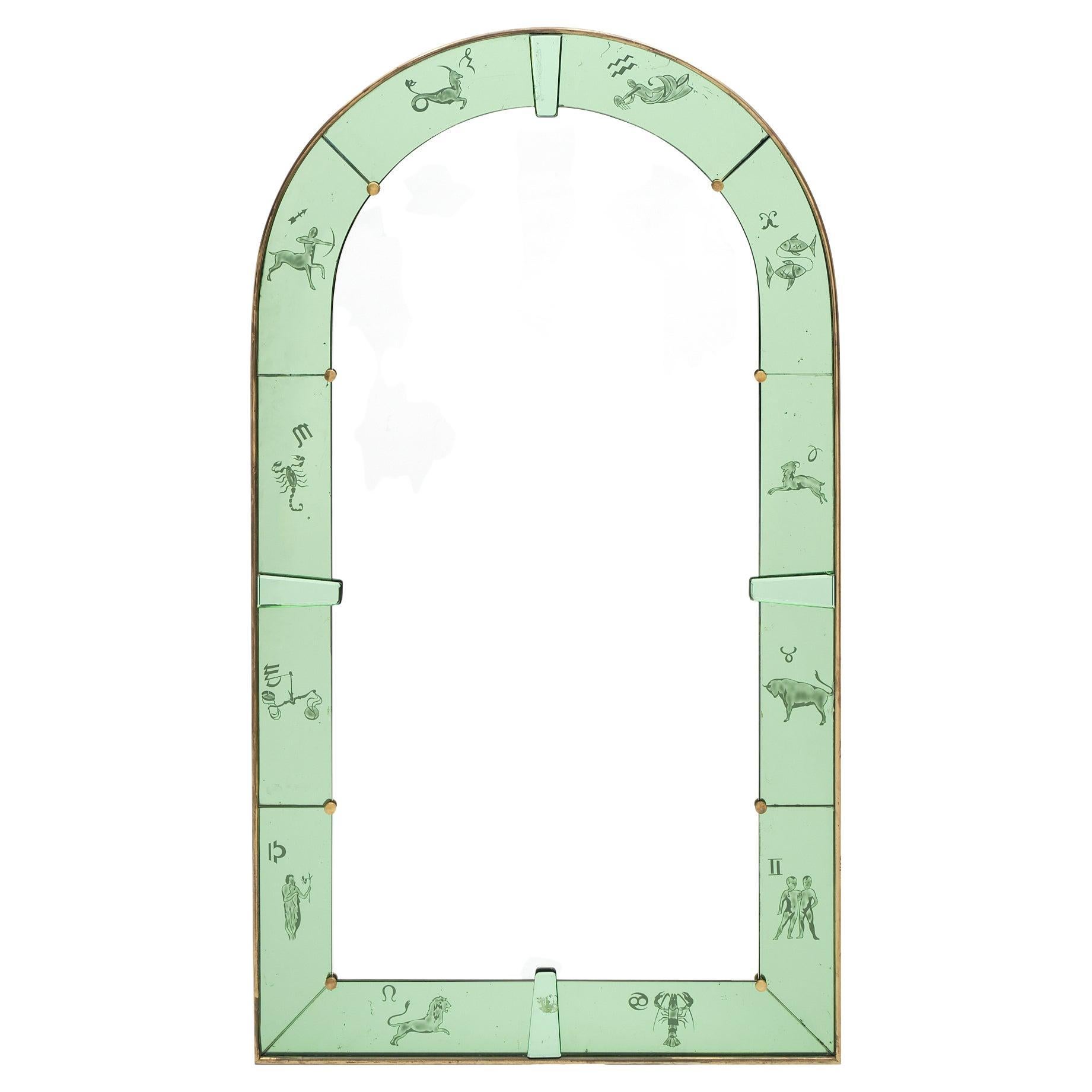 Vintage Zodiac Arched Green Mirror by Luigi Brussoti