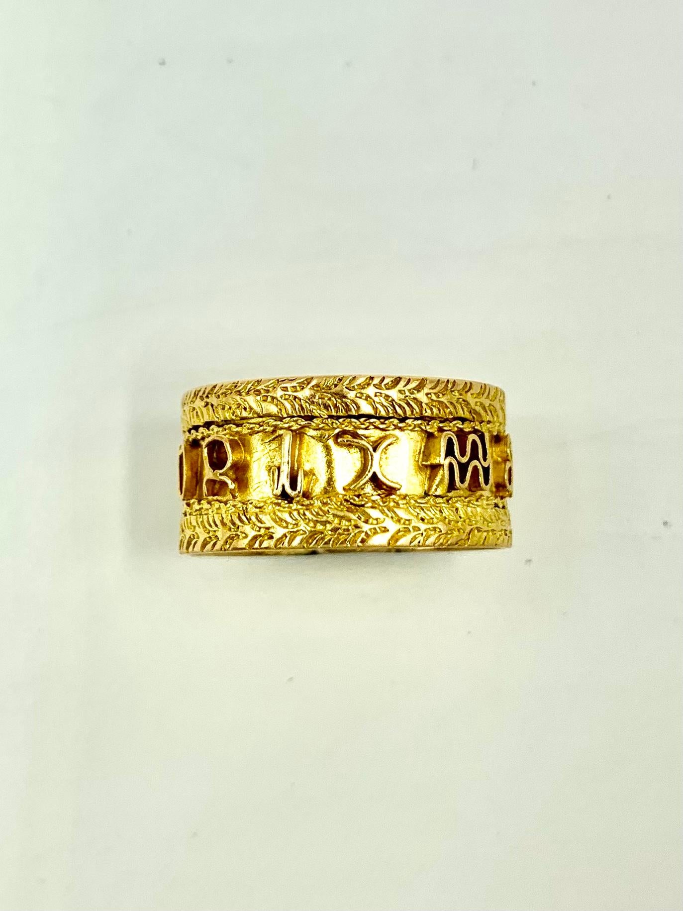 Romantic Vintage Zodiac Symbol Wide Band 14K Yellow Gold Ring For Sale