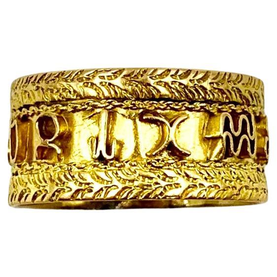 Vintage Zodiac Symbol Wide Band 14K Yellow Gold Ring For Sale