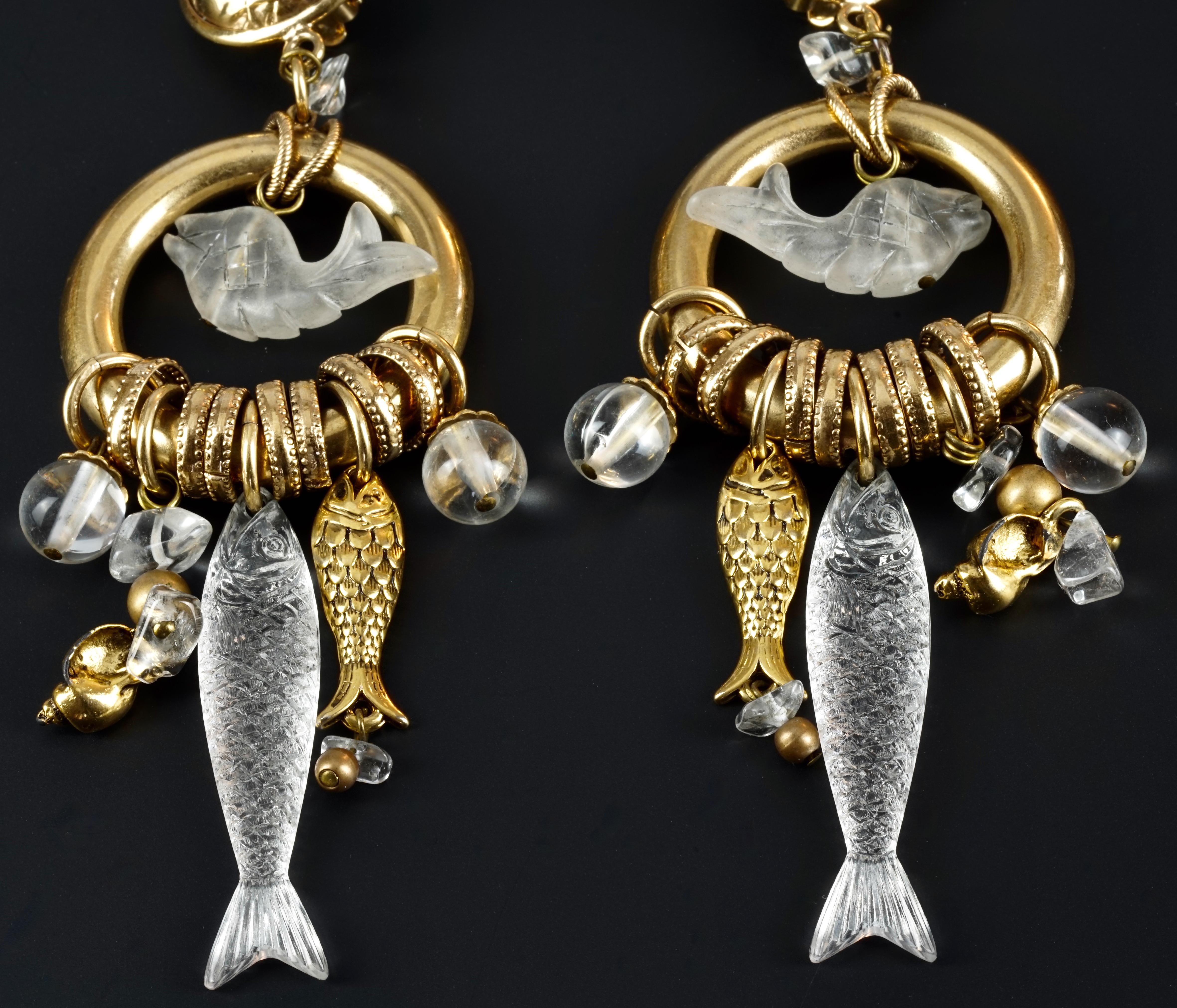 Vintage ZOE COSTE Lucite Fish Sea Shells Charm Dangling Earrings 3