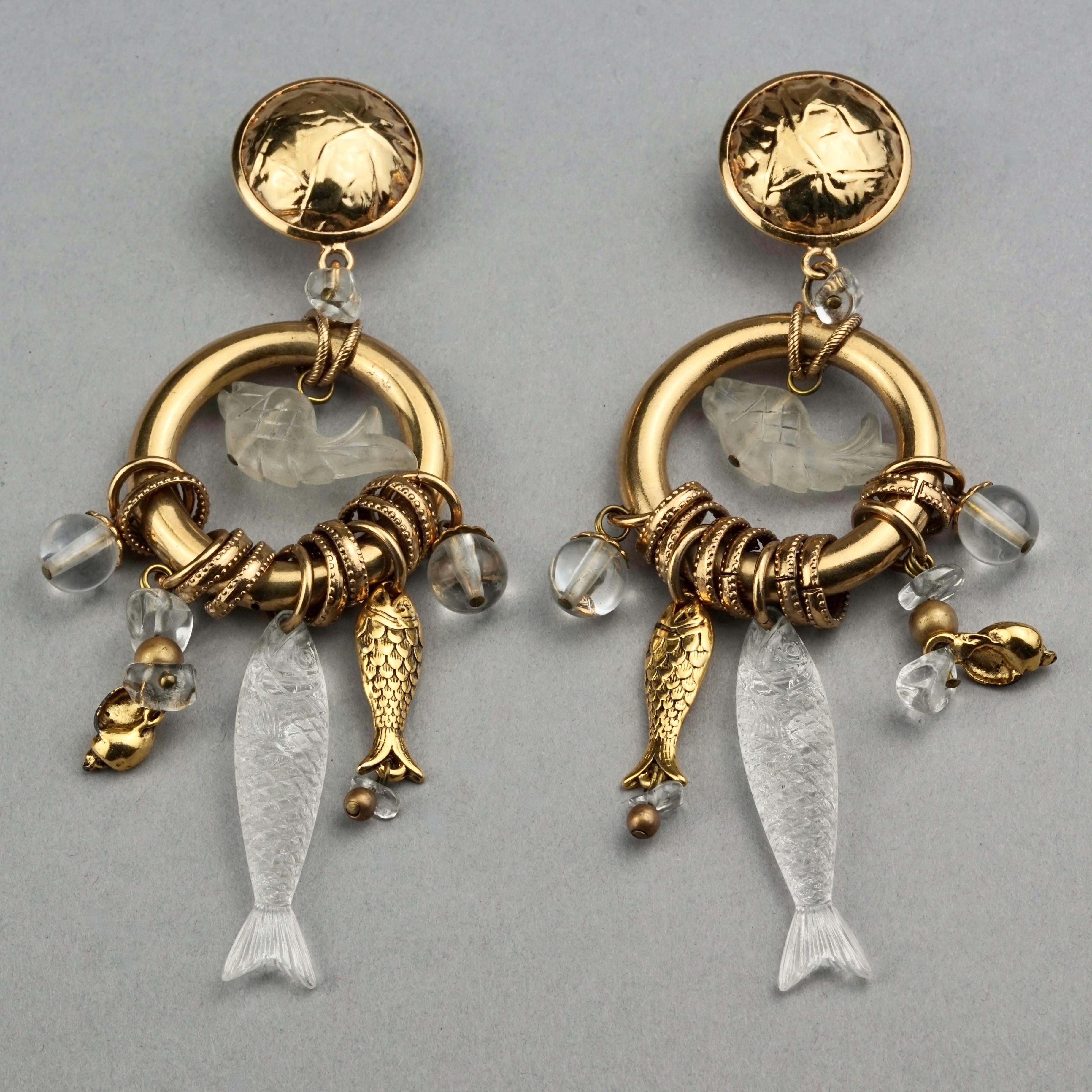 Women's Vintage ZOE COSTE Lucite Fish Sea Shells Charm Dangling Earrings