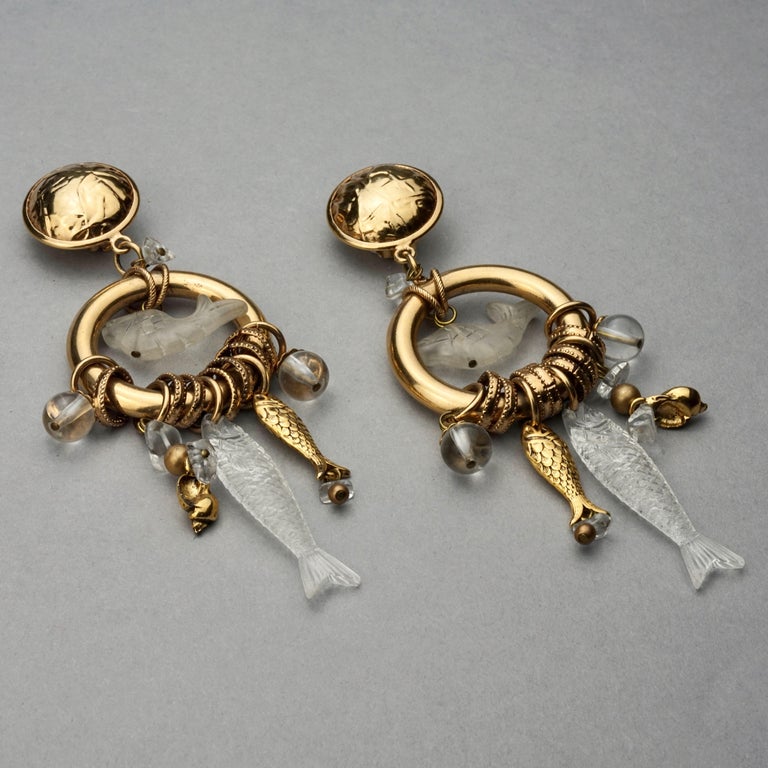 Vintage ZOE COSTE Lucite Fish Sea Shells Charm Dangling Earrings For