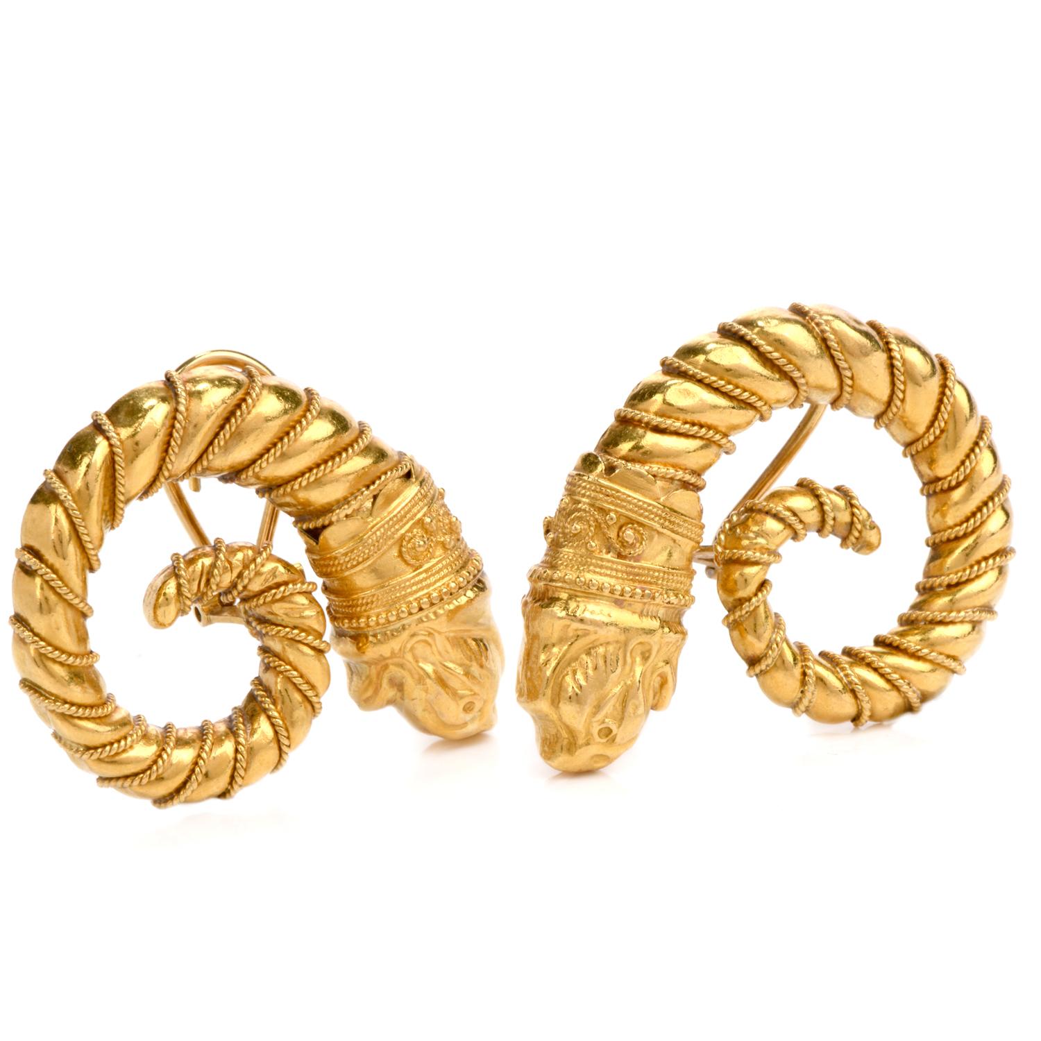 Retro Vintage  Zolatos Greek 22 Karat Gold Large Clip-On Earrings For Sale