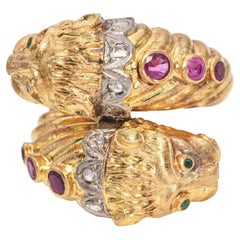 Zolotas, bague vintage à double tête de lion en or jaune 18 carats