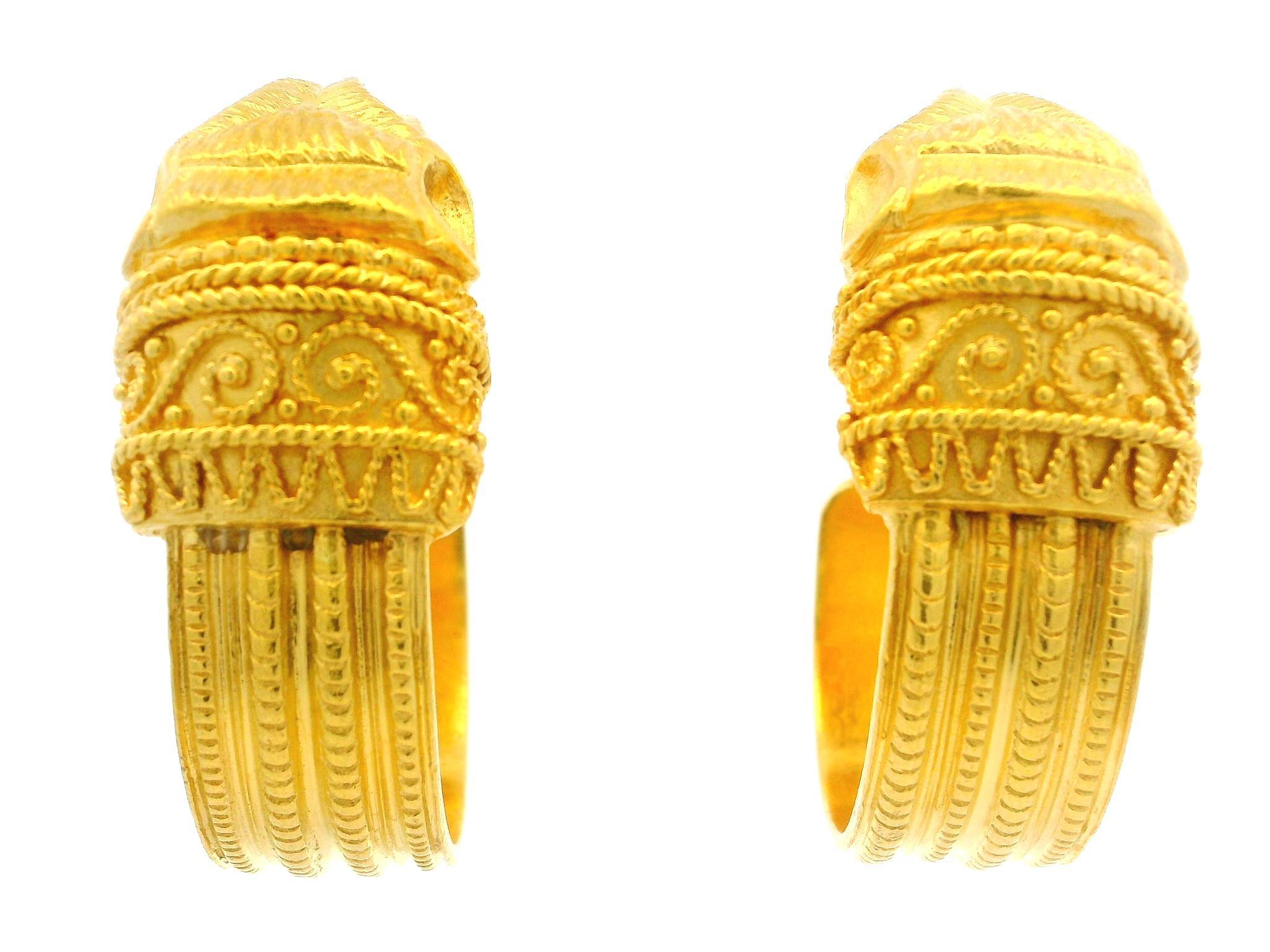 Material: All Solid 22K Yellow Gold - 18K Yellow Gold Backs
Weight: 65.49 Grams
Backing: Clip-On (Pierced ears are NOT required) 
Overall Width: 16.80mm (0.66