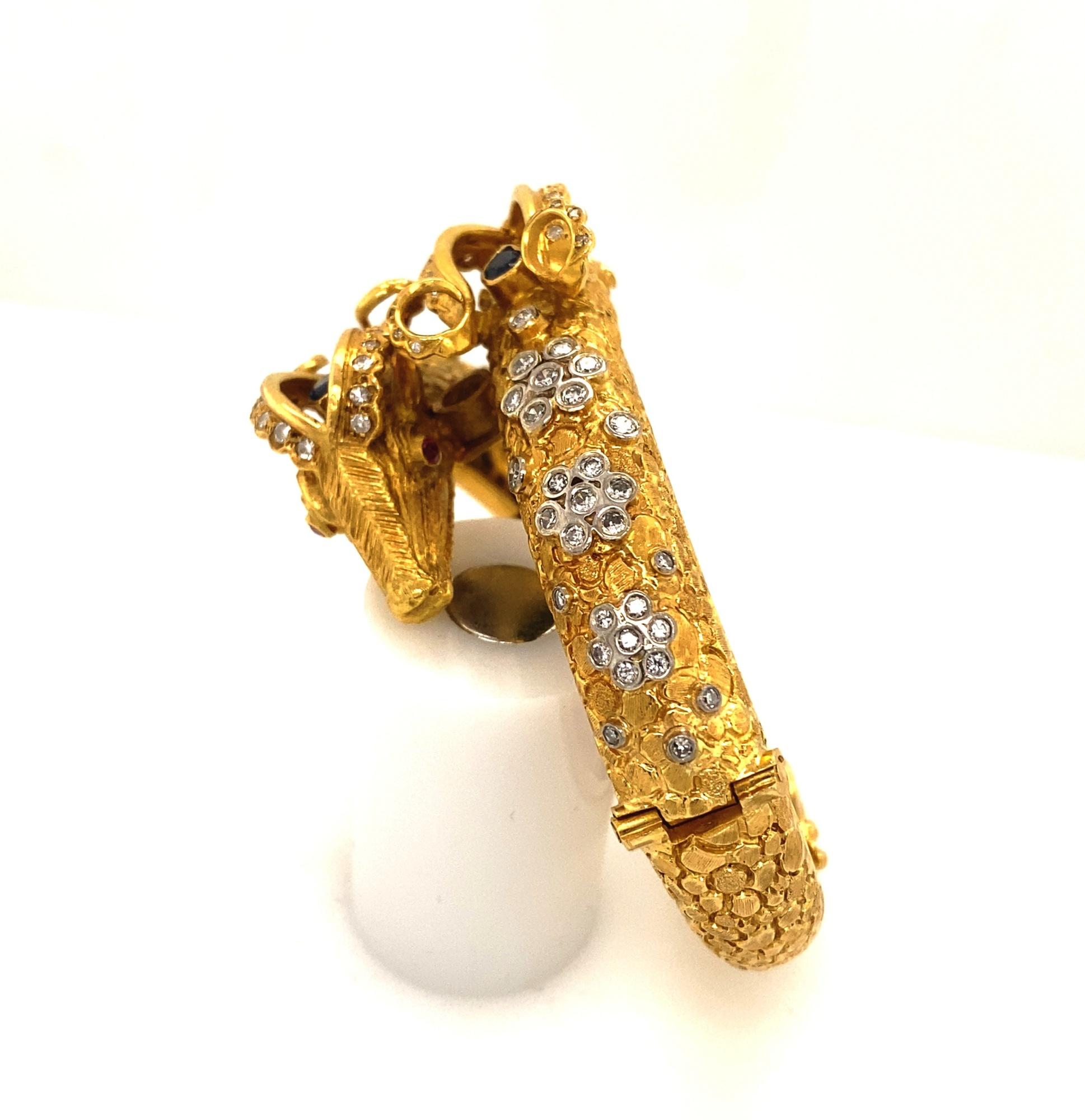 Gothic Revival Vintage Zolotas Double Rams Head Diamond Ruby Sapphire Cuff Bracelet