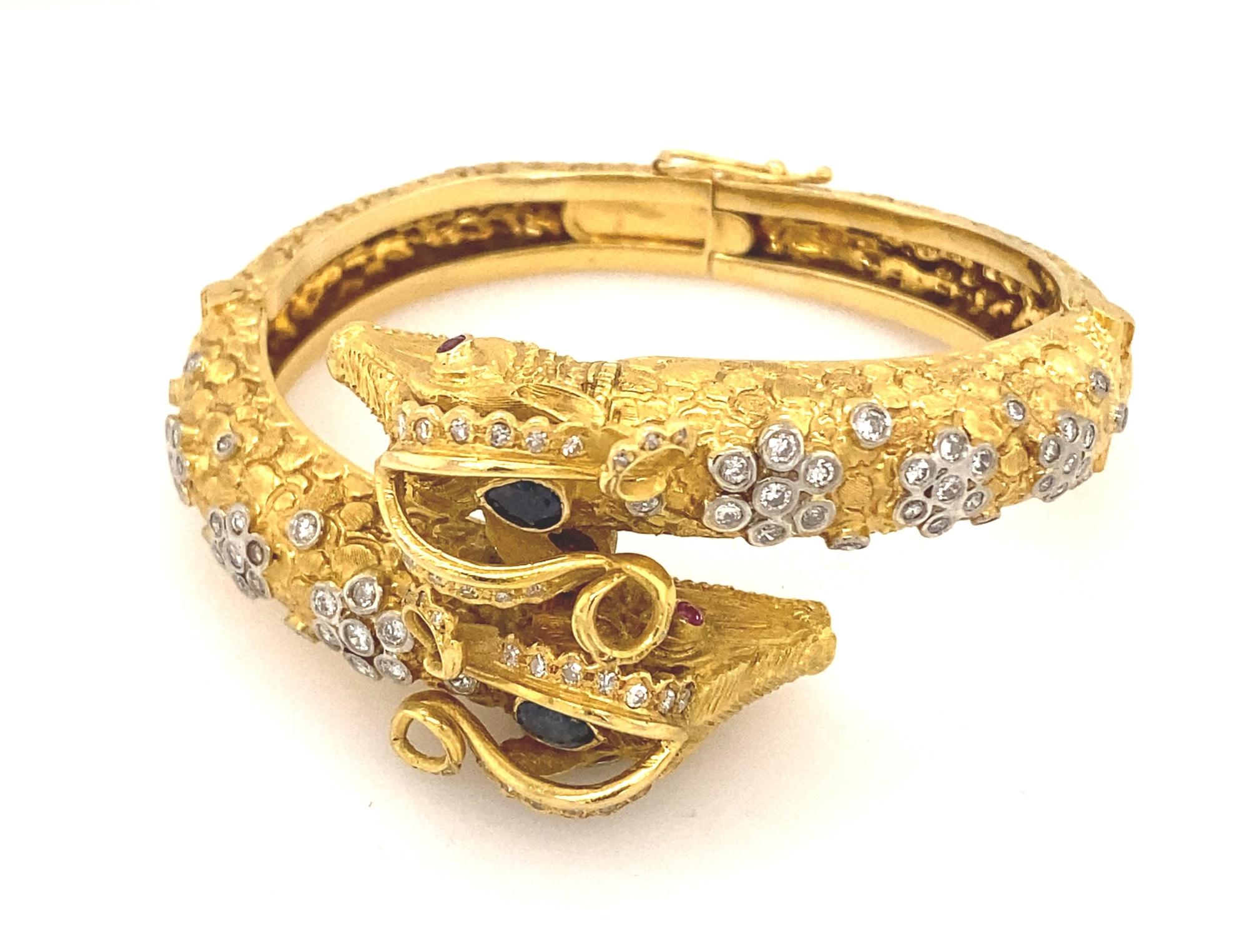Pear Cut Vintage Zolotas Double Rams Head Diamond Ruby Sapphire Cuff Bracelet