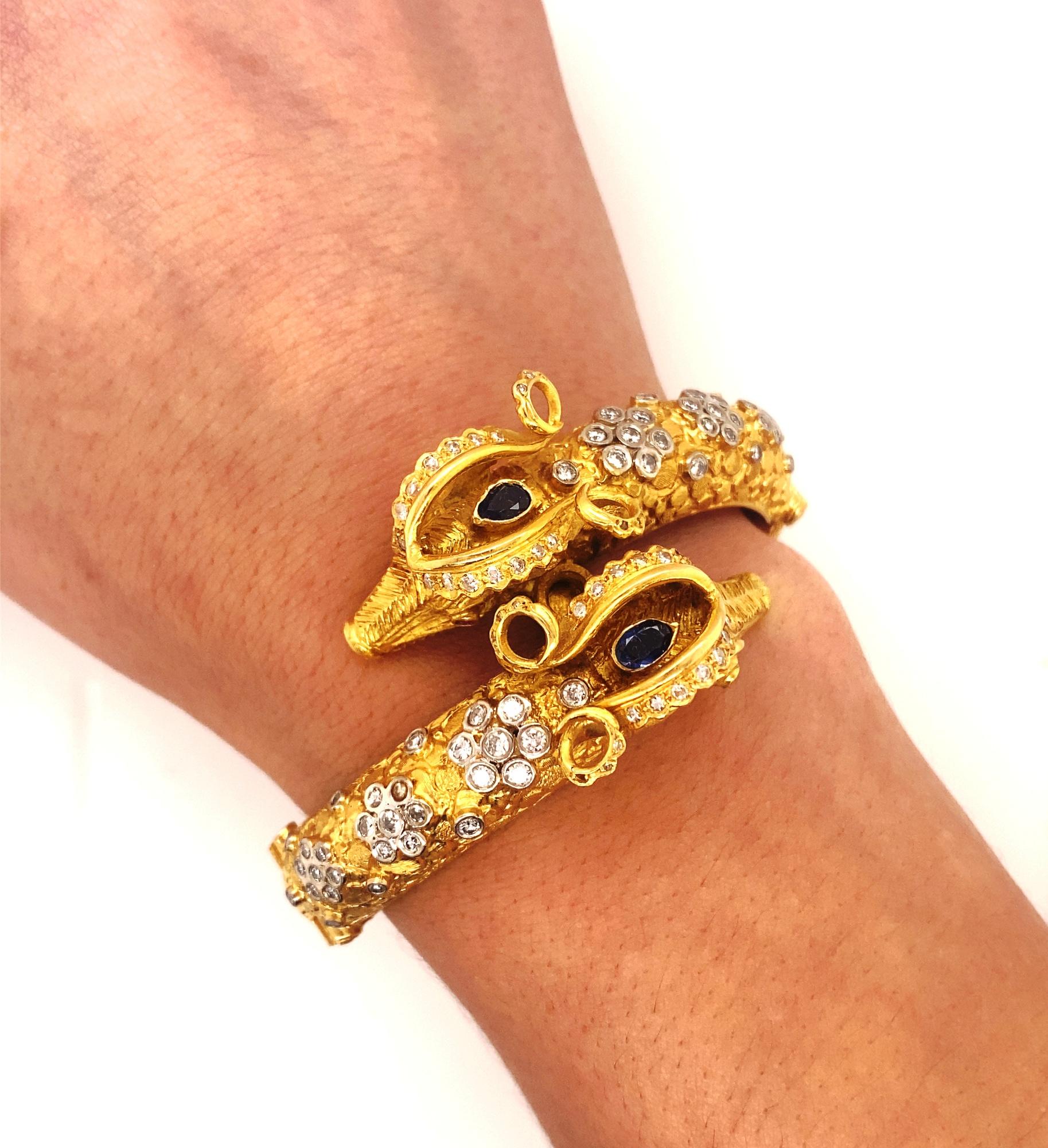 Vintage Zolotas Double Rams Head Diamond Ruby Sapphire Cuff Bracelet In Good Condition In Woodland Hills, CA