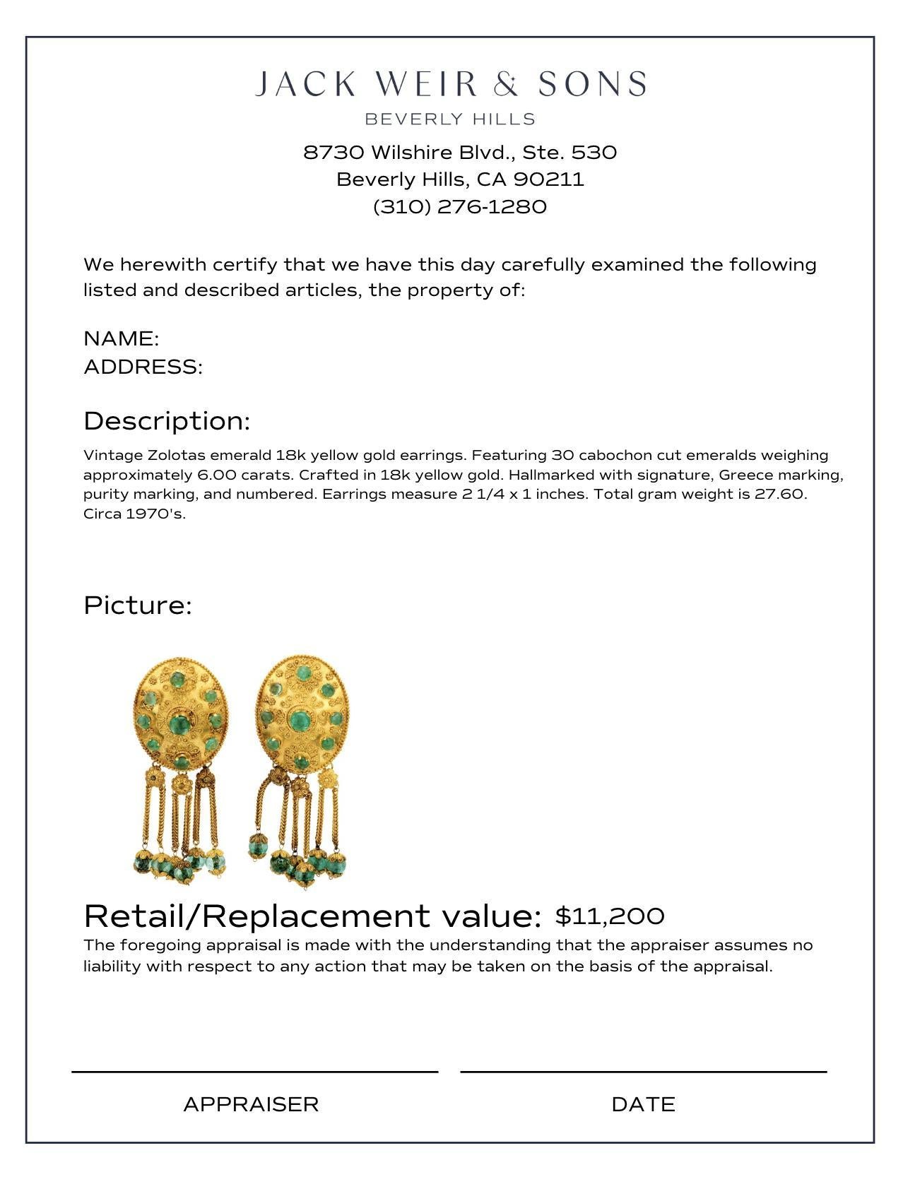 Cabochon Vintage Zolotas emerald 18k yellow gold earrings