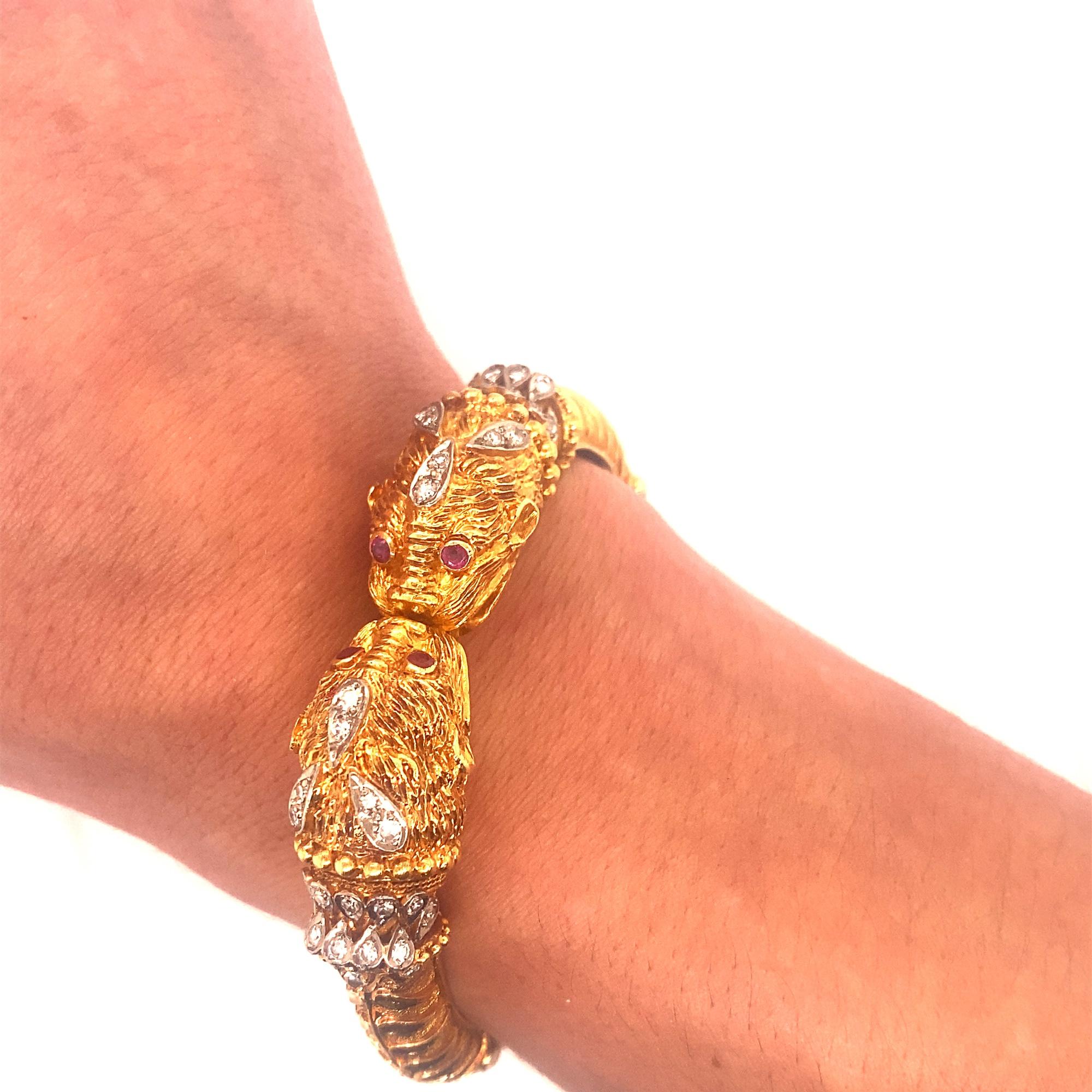 Vintage Zolotas Ruby Diamond Double Chimera 18k Yellow Gold Bangle Bracelet For Sale 3
