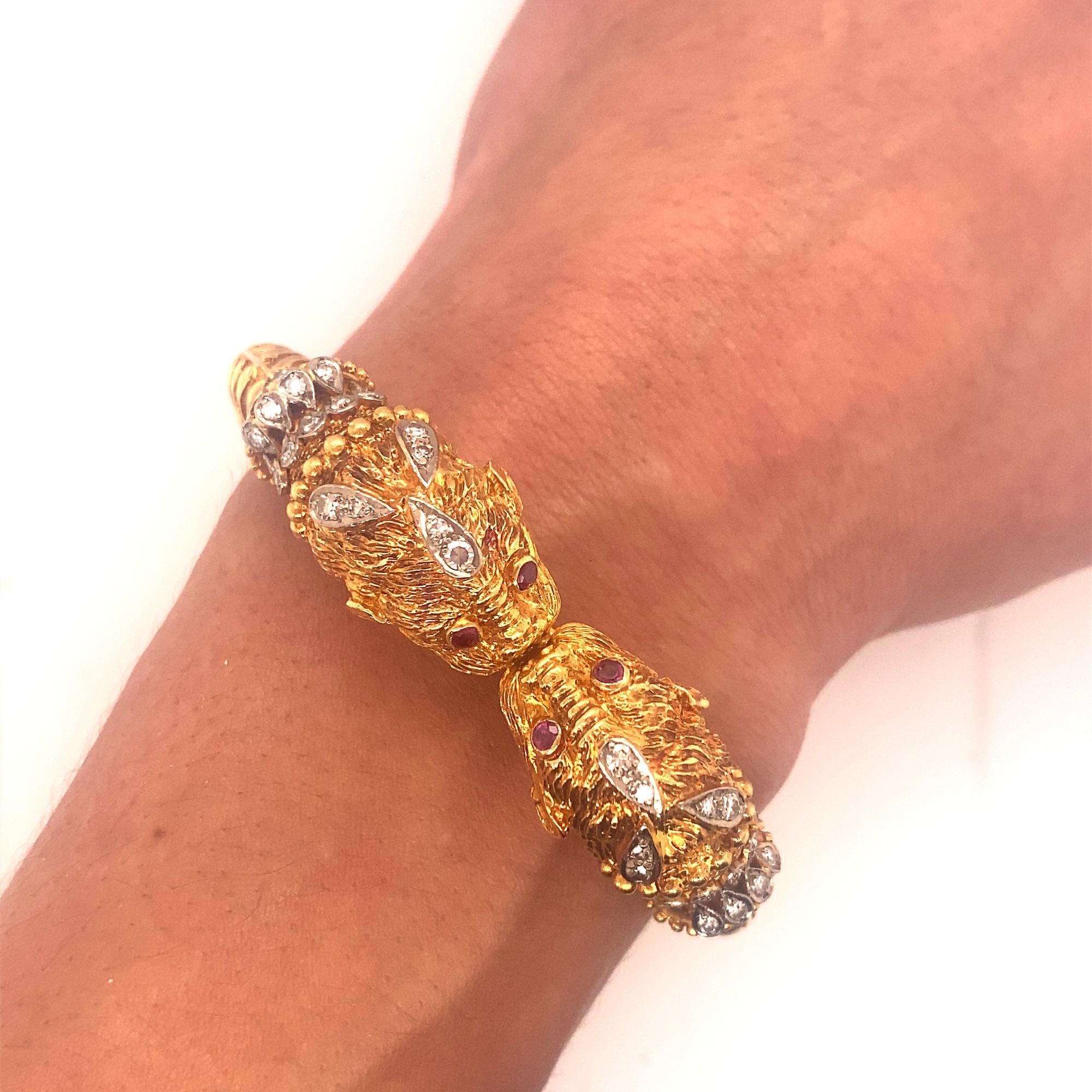 Vintage Zolotas Ruby Diamond Double Chimera 18k Yellow Gold Bangle Bracelet For Sale 4