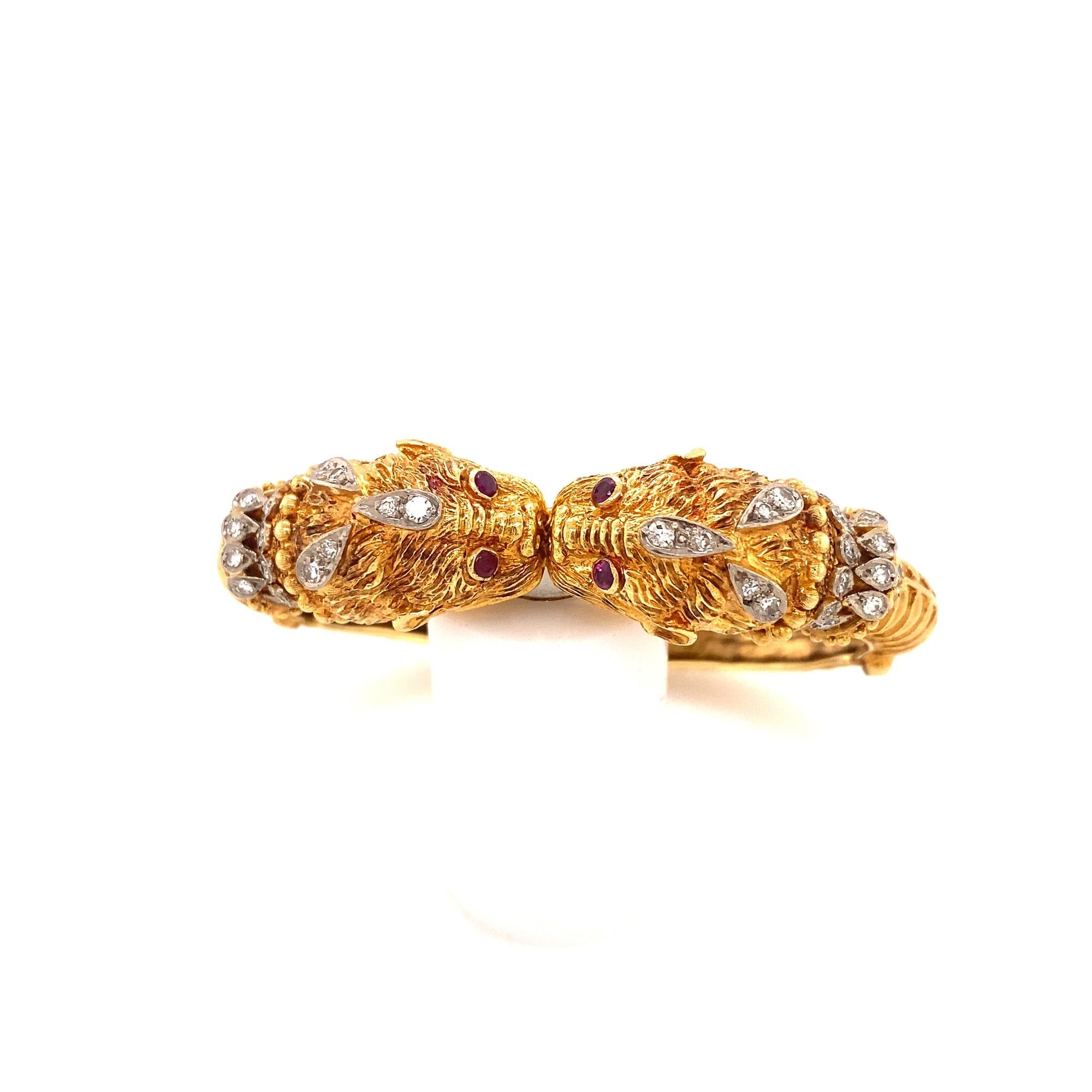 Greek Revival Vintage Zolotas Ruby Diamond Double Chimera 18k Yellow Gold Bangle Bracelet For Sale
