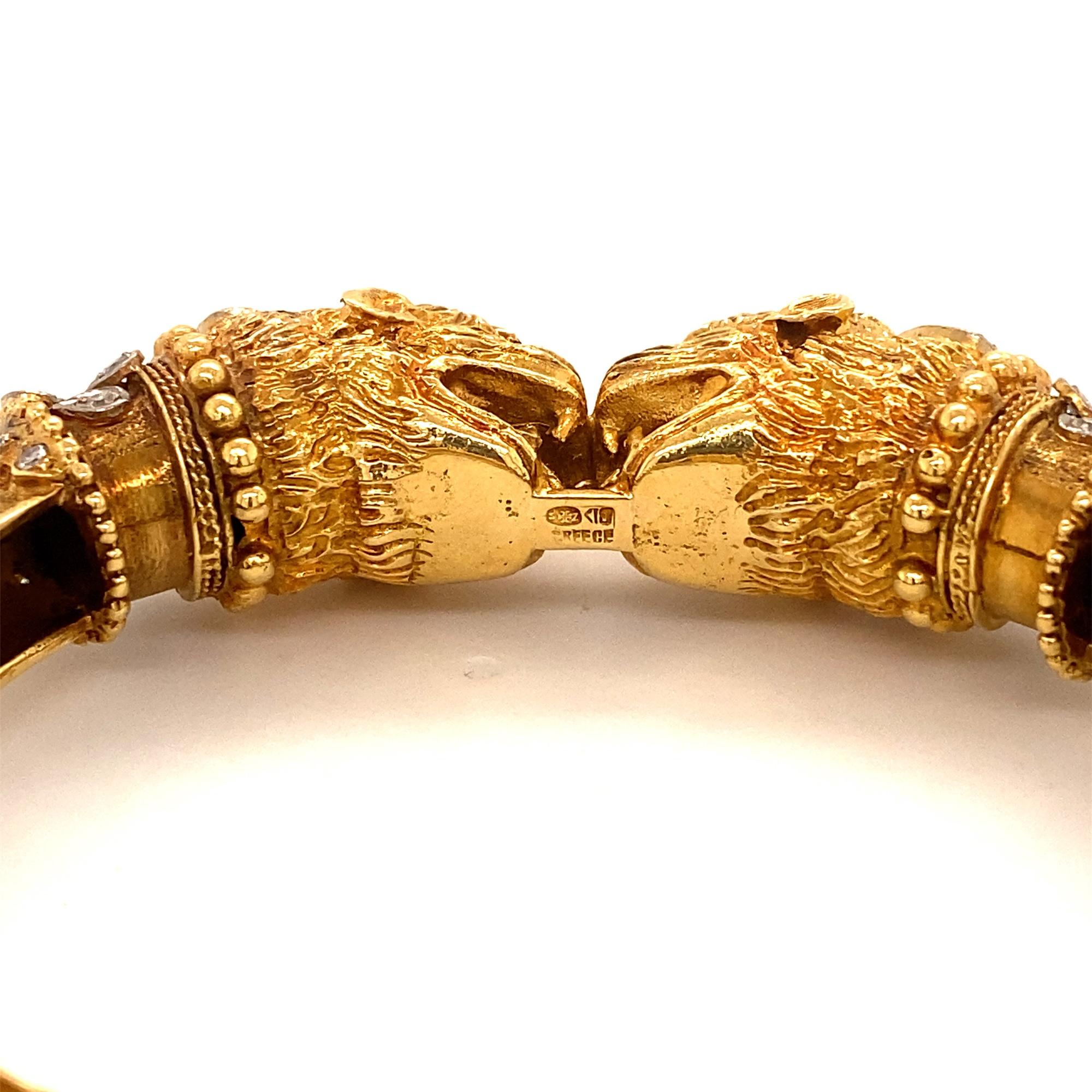 Brilliant Cut Vintage Zolotas Ruby Diamond Double Chimera 18k Yellow Gold Bangle Bracelet For Sale