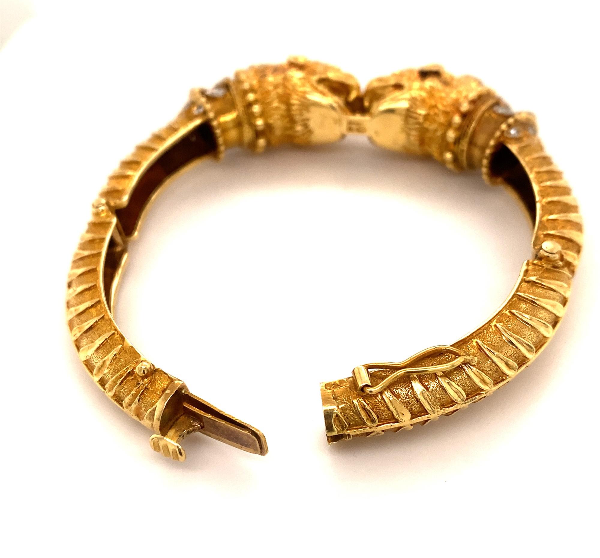 Vintage Zolotas Ruby Diamond Double Chimera 18k Yellow Gold Bangle Bracelet In Excellent Condition For Sale In Woodland Hills, CA
