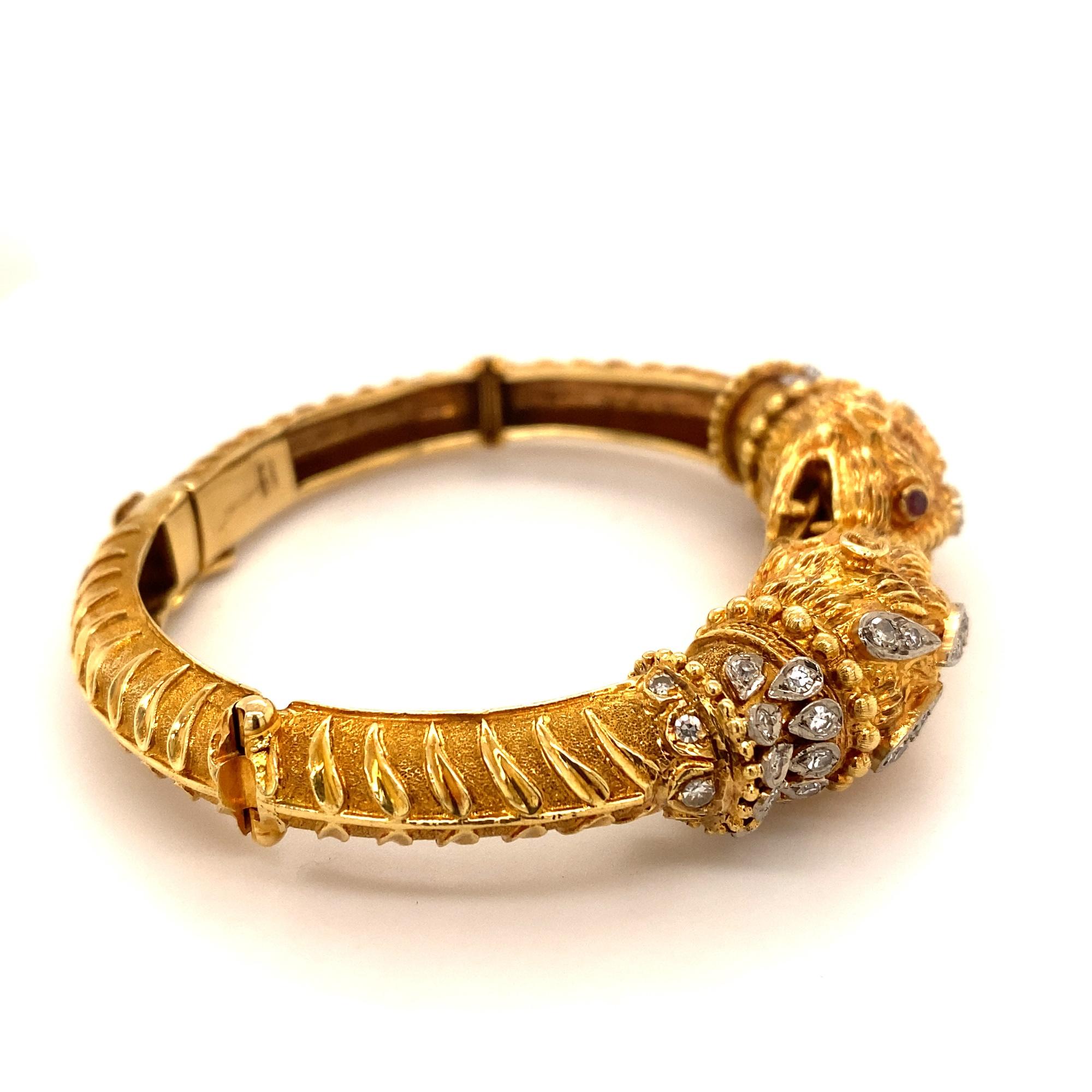 Women's Vintage Zolotas Ruby Diamond Double Chimera 18k Yellow Gold Bangle Bracelet For Sale