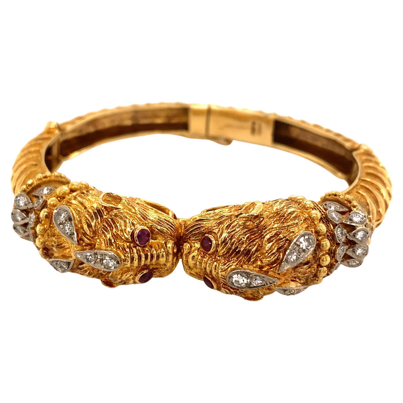 Vintage Zolotas Ruby Diamond Double Chimera 18k Yellow Gold Bangle Bracelet For Sale