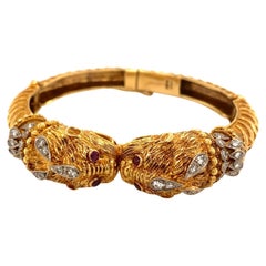 Vintage Zolotas Ruby Diamond Double Chimera 18k Yellow Gold Bangle Bracelet
