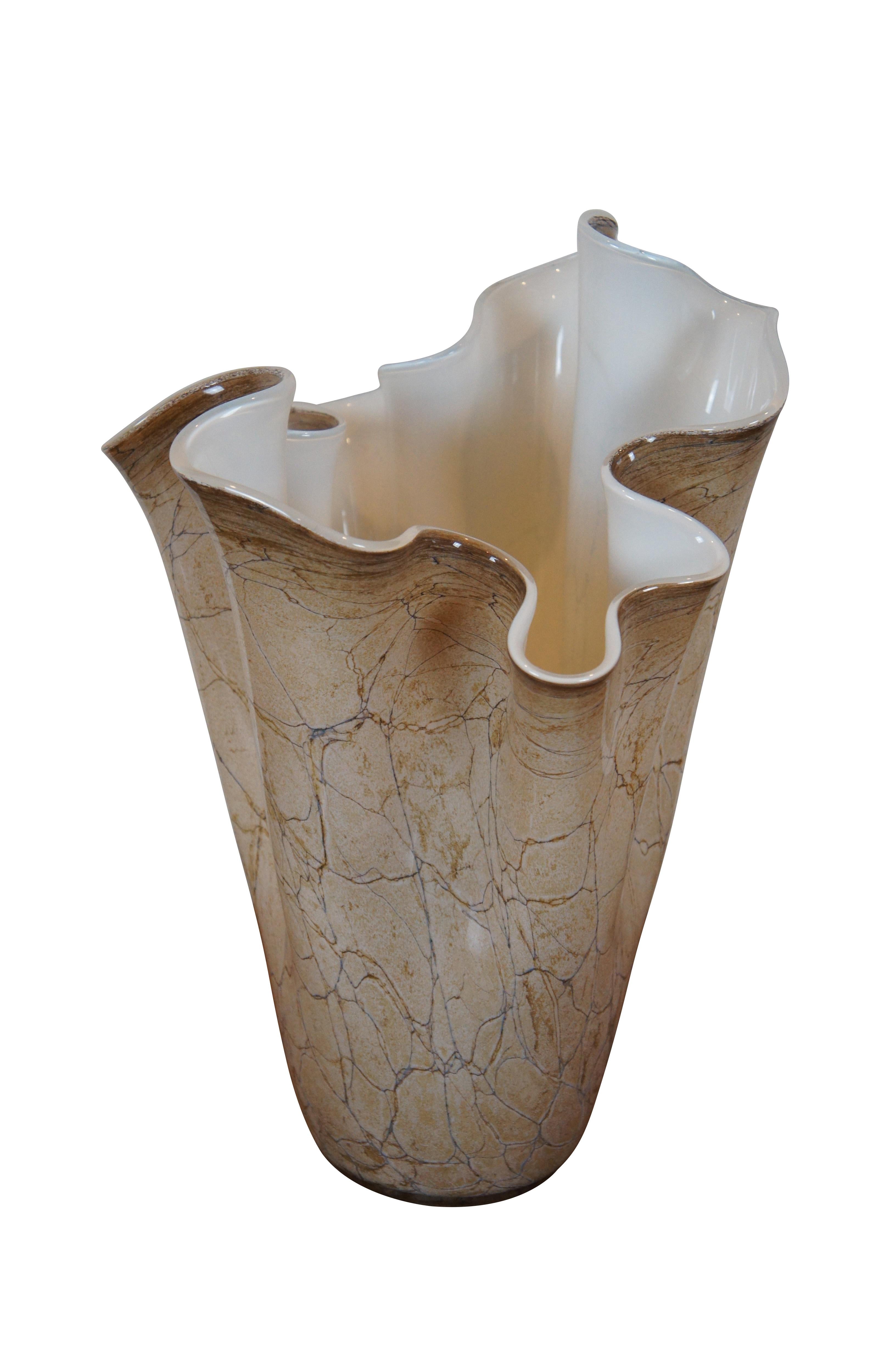 Large vintage Polish hand blown art glass centerpiece flower vase featuring a brown marble ruffled handkerchief design.  Made in Poland by Zorza.

Dimensions:
12