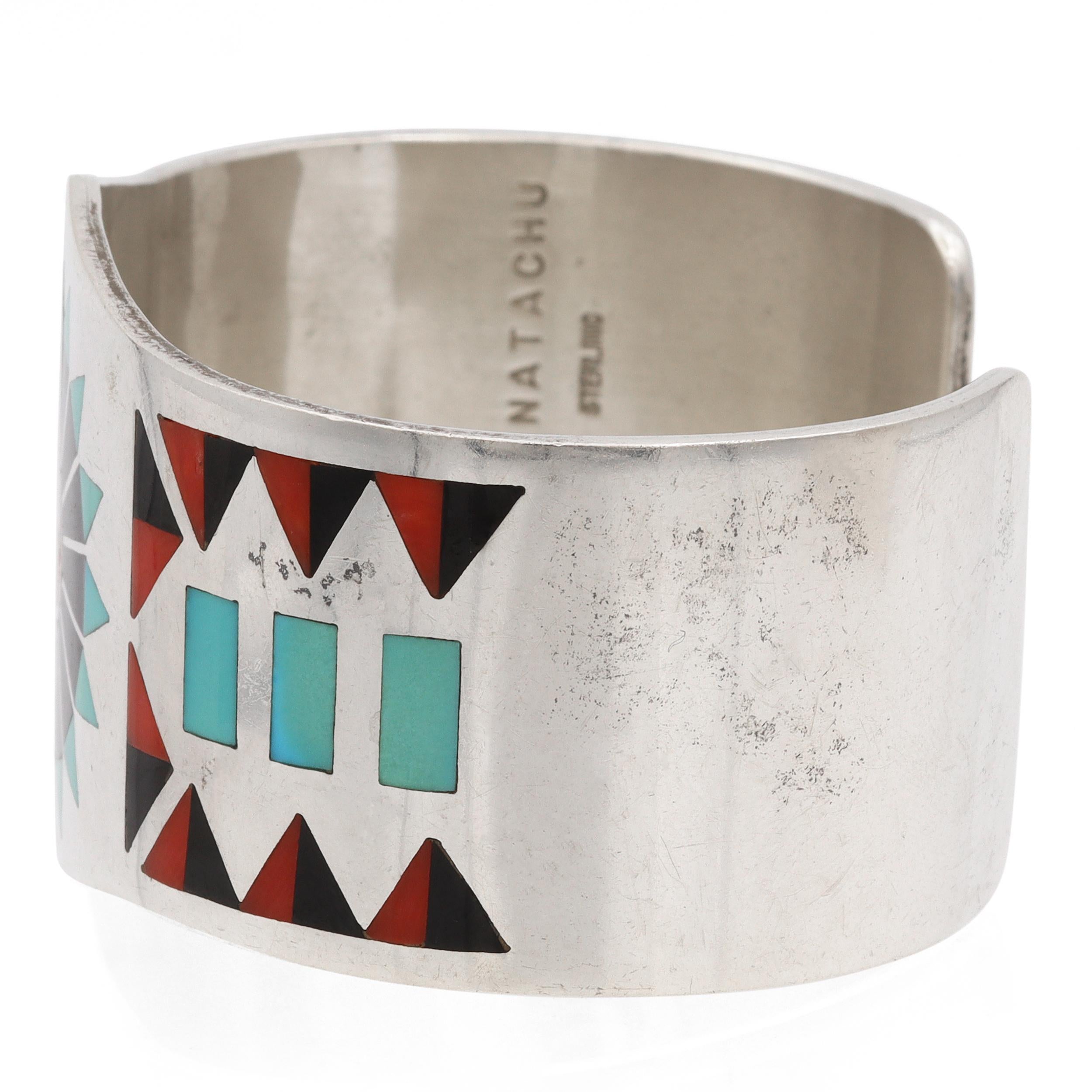 Vintage Zuni F.L. Pulsera brazalete con incrustaciones de varias piedras en plata de ley firmada por Natachu en Bueno estado para la venta en New York, NY