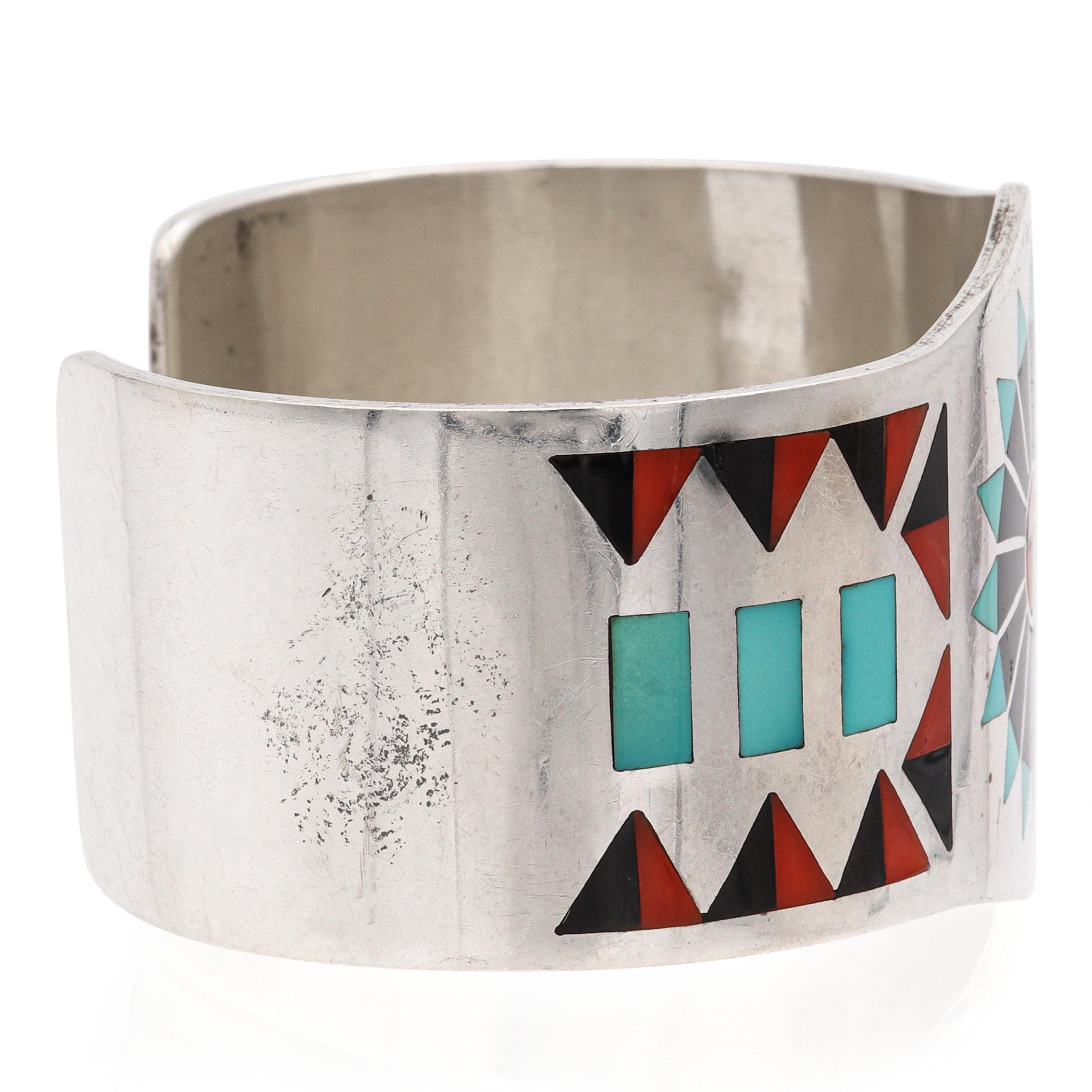Vintage Zuni F.L. Pulsera brazalete con incrustaciones de varias piedras en plata de ley firmada por Natachu en venta 1
