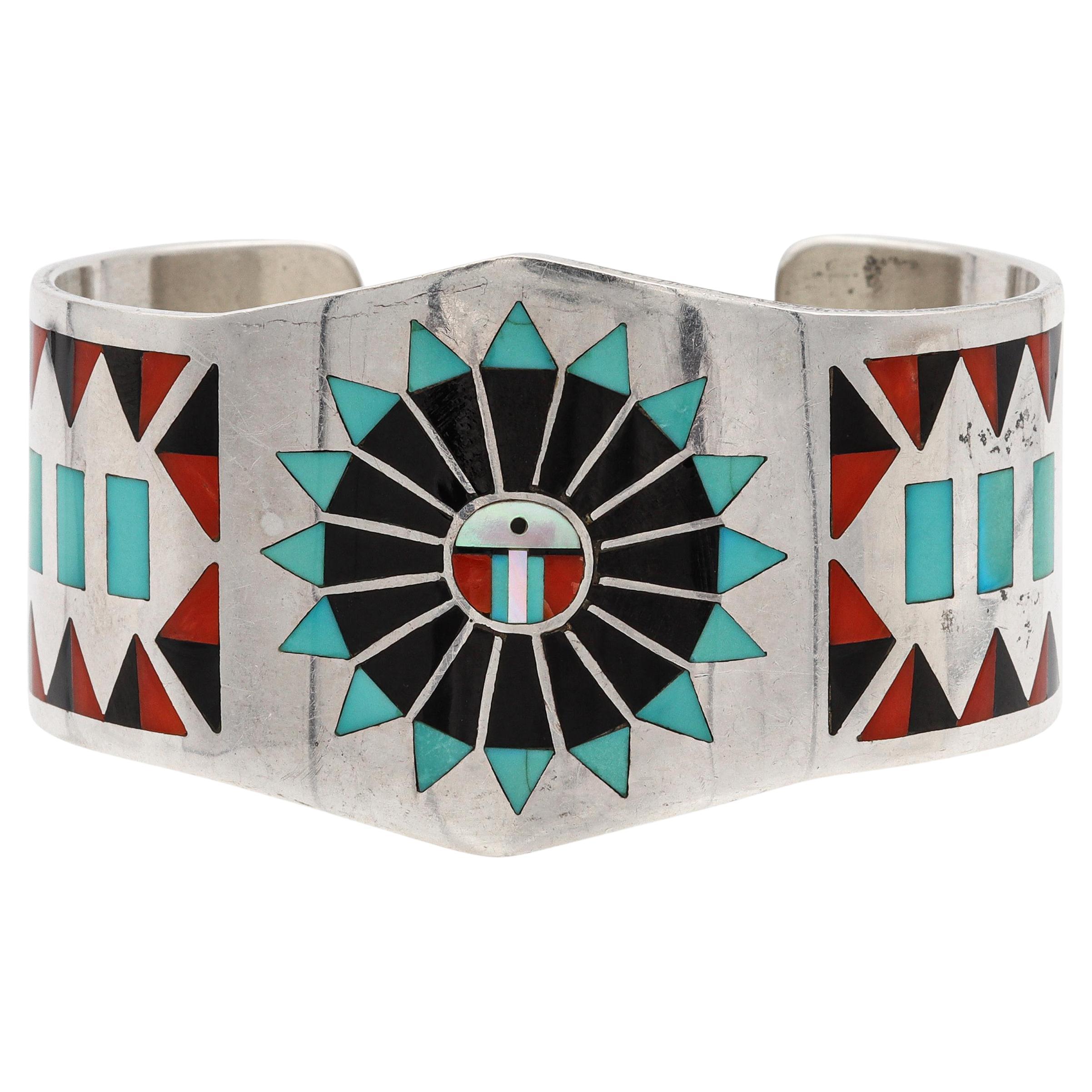 Vintage Zuni F.L. Natachu Signed Sterling Silver Multi-Stone Inlay Cuff Bracelet