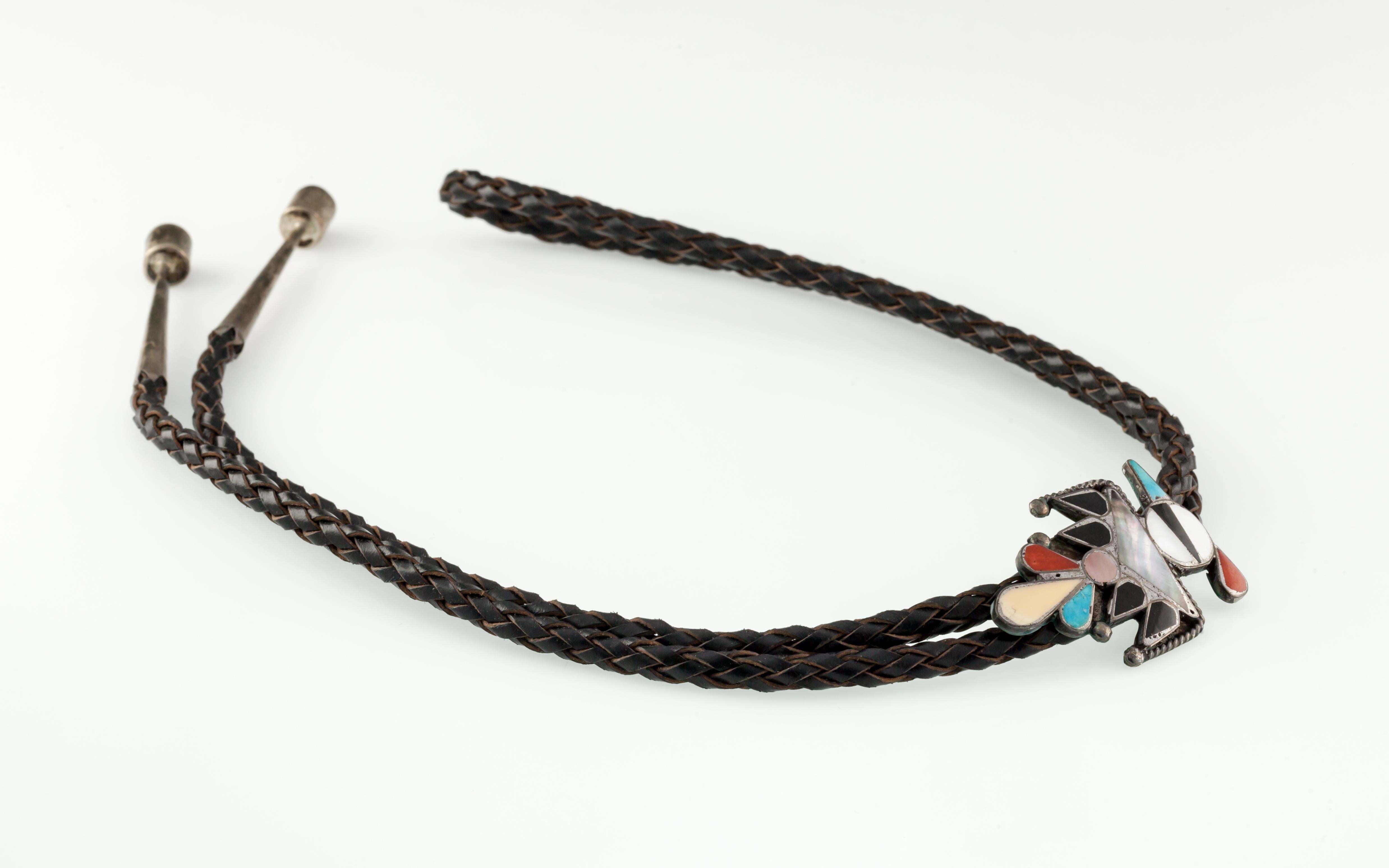 Cabochon Vintage Zuni Handcrafted Sterling Silver & Inlay Bird w/ Brown Leather Bolo Tie For Sale