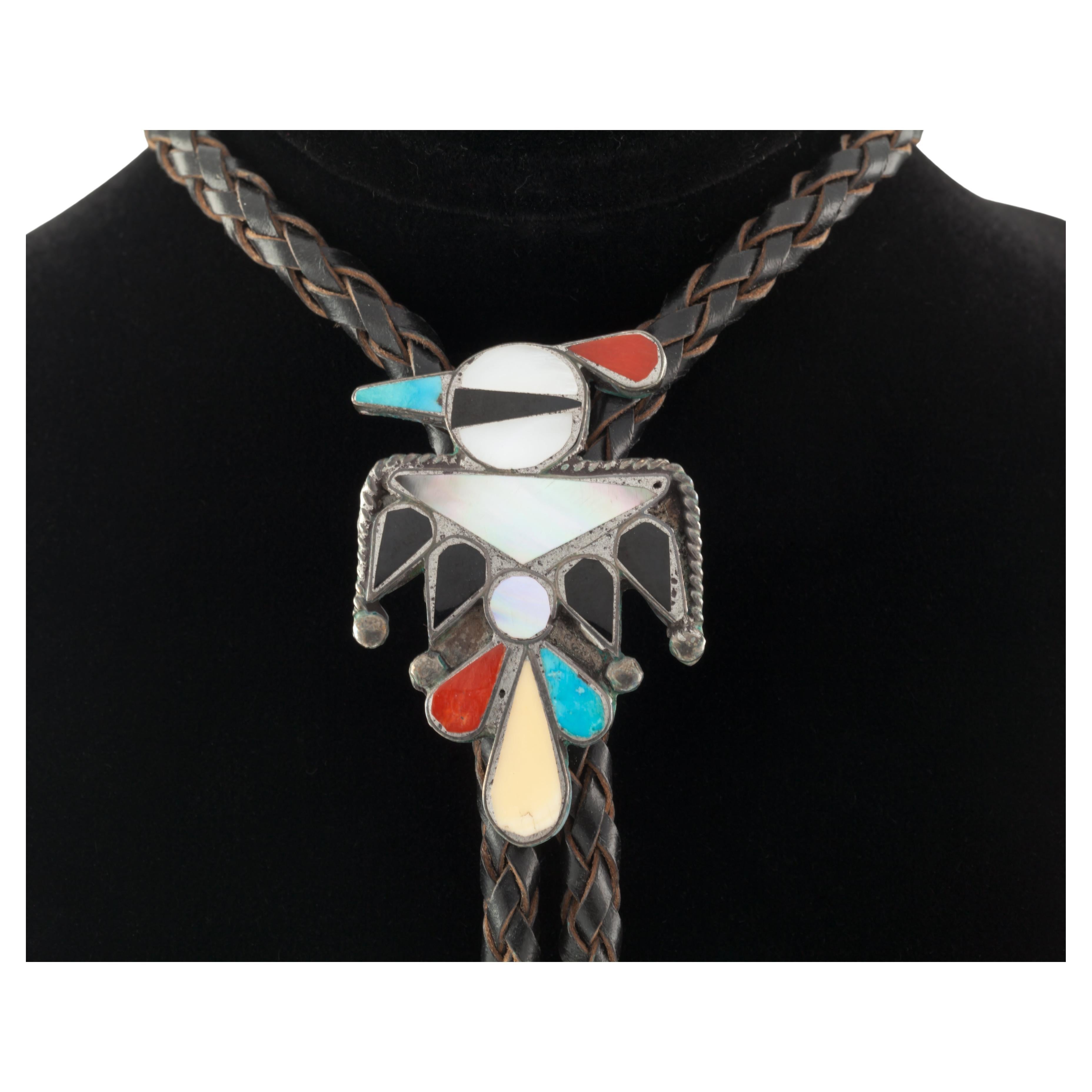 Vintage Zuni Handcrafted Sterling Silver & Inlay Bird w/ Brown Leather Bolo Tie For Sale
