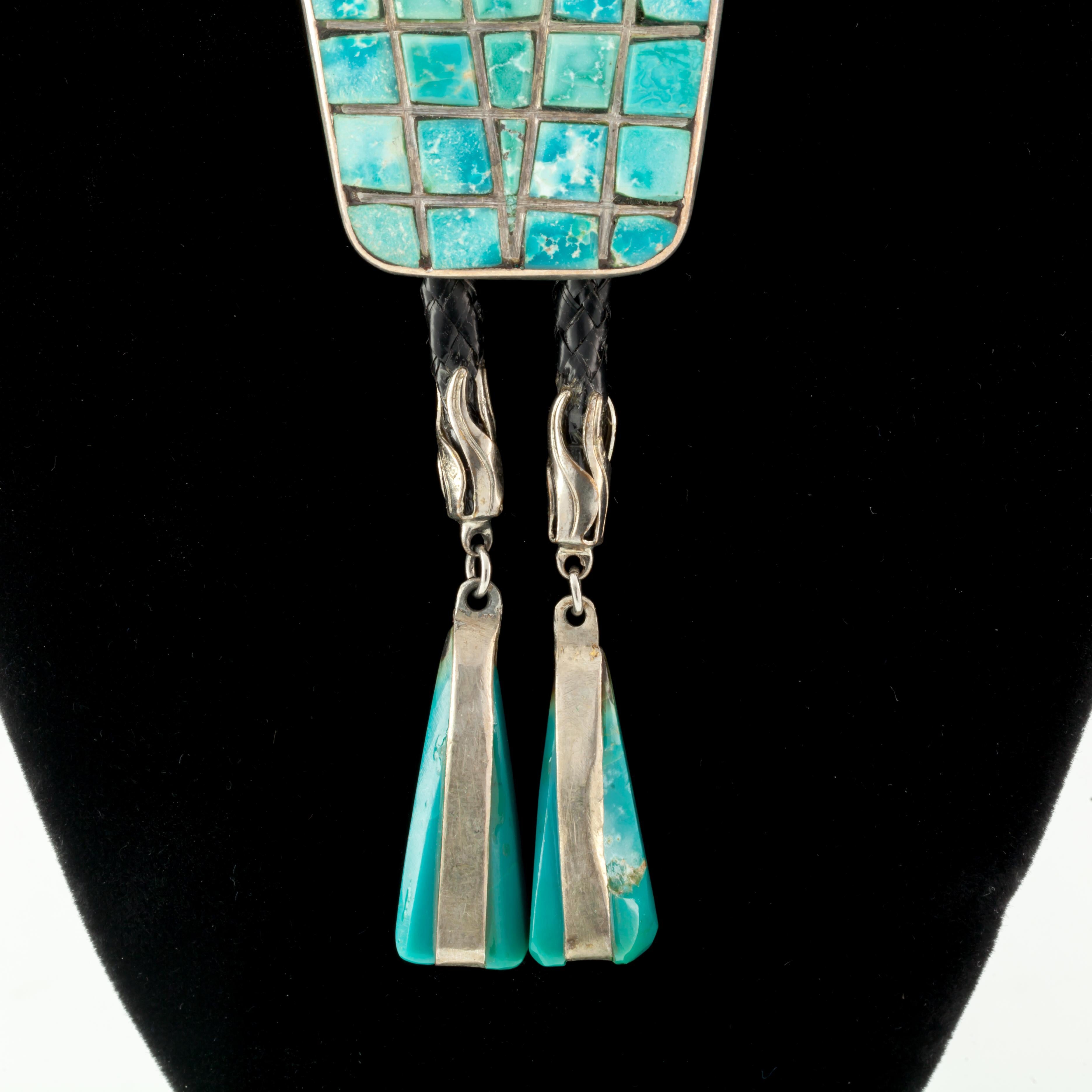 Native American Vintage Zuni Hand-Signed Turquoise Inlay Sterling Silver Bolo Tie, Black Leather