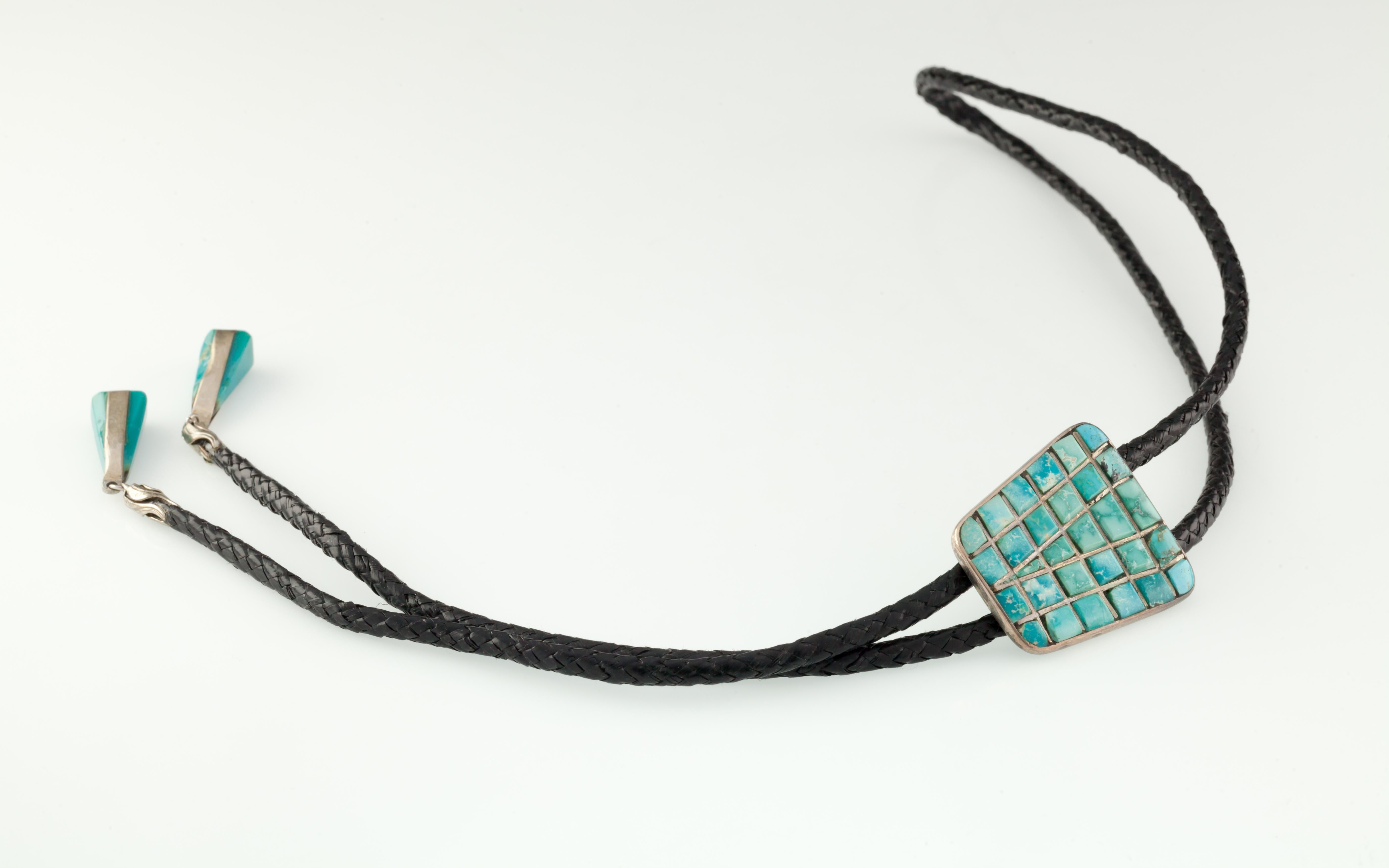 Cabochon Vintage Zuni Hand-Signed Turquoise Inlay Sterling Silver Bolo Tie, Black Leather For Sale